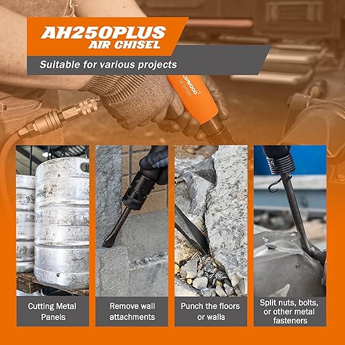 Miniatura 5 de UW-AH250P Kit de martillo de aire de barril largo con retenedor de cambio rápido y 4 cinceles, carrera de 3-58 pulgadas, 2200 BPM, peso ligero