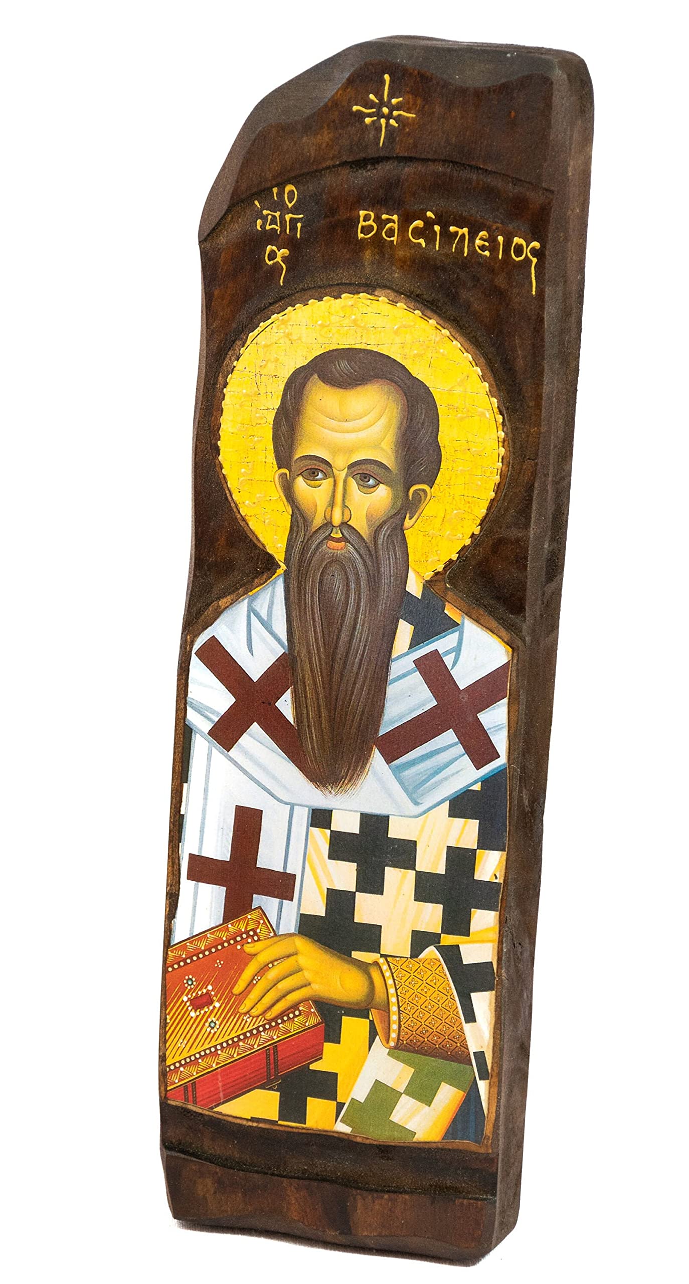 Basilikum-Ikone, handgefertigte griechisch-orthodoxe Ikone von Basilikum dem Großen, byzantinische Kunst Wandbehang des Heiligen Basilikum von Caesarea auf Holzschild