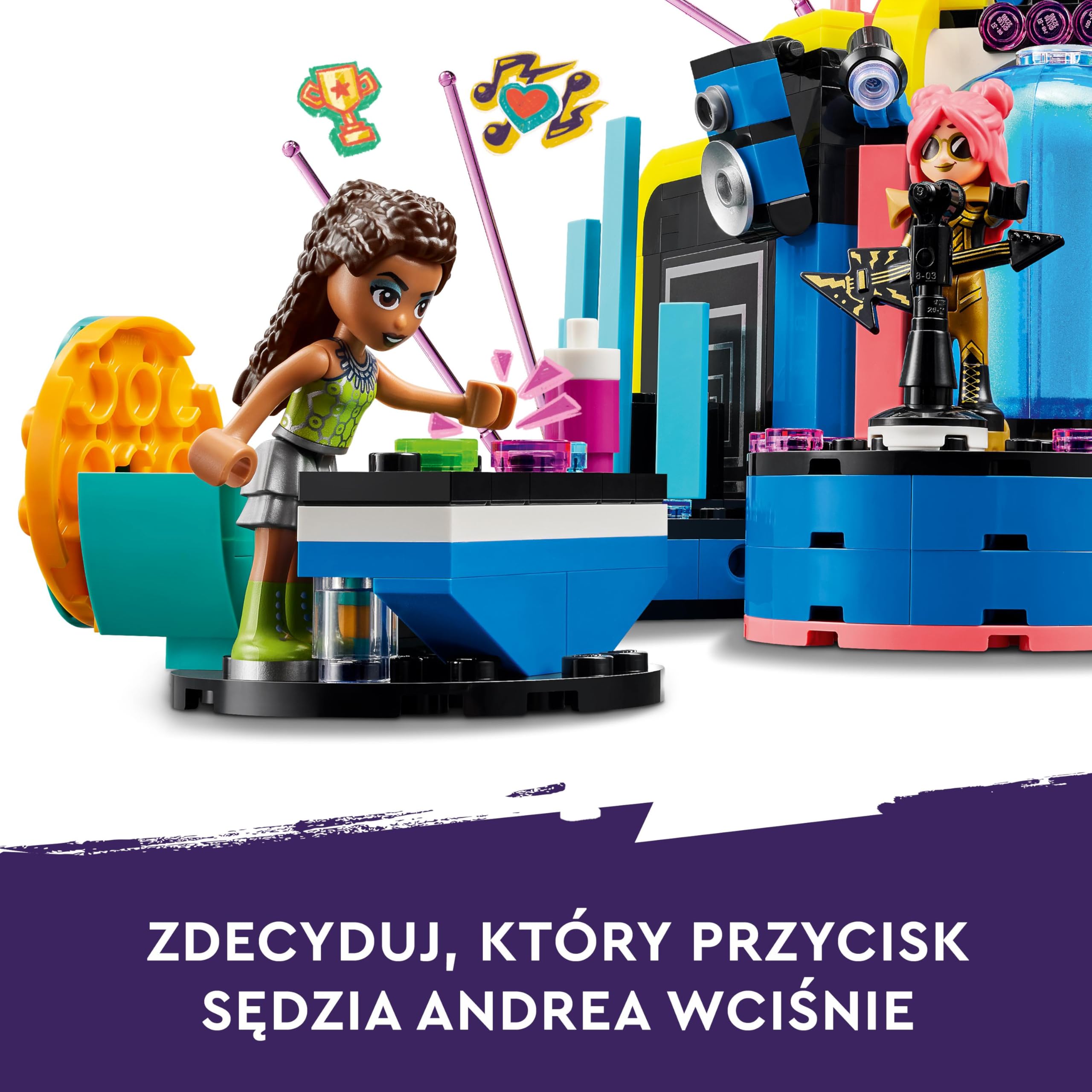 LEGO Friends Pokaz talentów muzycznych w Heartlake, zabawka do budowania dla dziecka, dla dziewczynki i chłopca, zestaw z gitarą i keyboardem, 4 postaci, w tym Andrea, prezent dla 7-latki, 42616