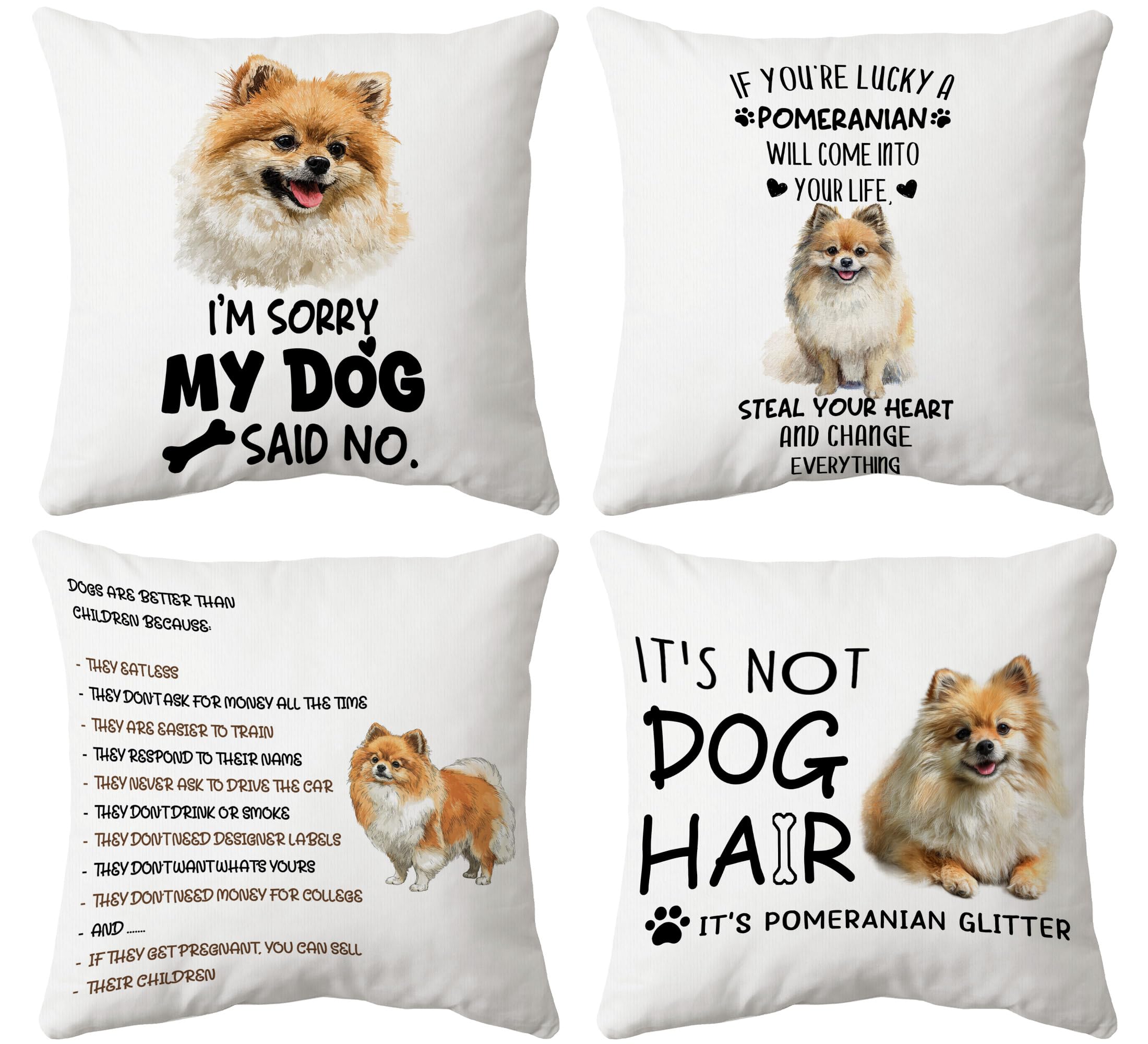 huester Funny Pomeranian Pillow Covers 18x18 Set of 4, Pomeranian Gifts for Women, Gifts for Dog Lover Mom Dad Owner Decorative Throw Pillow Cover Pillowcases for Couch Home Bedroom Living Room Decor