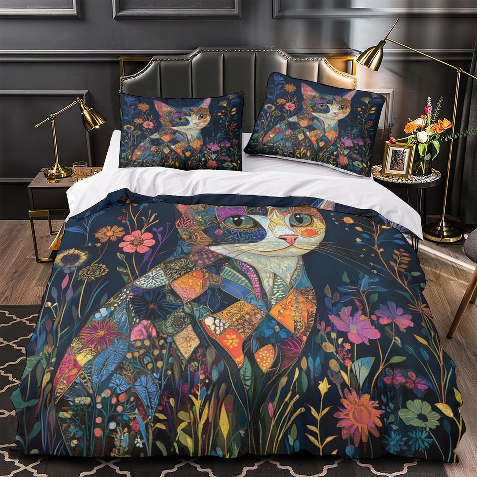 Housse de Couette Chat 3D Déco Chambre Couple Motif Floral Douillet 220x240 cm