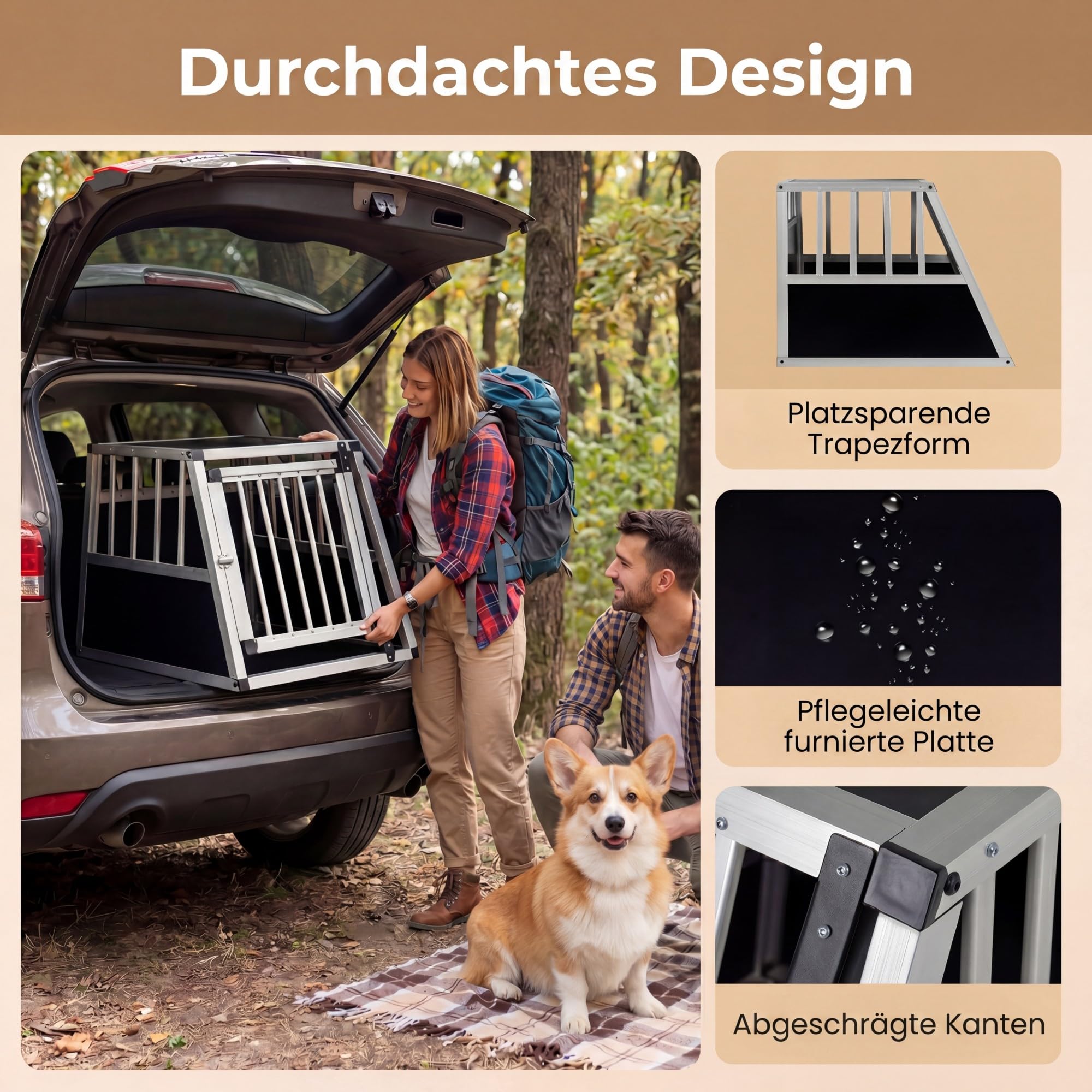 DREAMADE Transportbox Hund Alu, Hundebox Auto Kofferraum (69x54 x 50cm) | trapezförmig hundetransportbox mit abschließbarer Tür & herausnehmbarer Trennwand ür kleine Hunde & Katzen