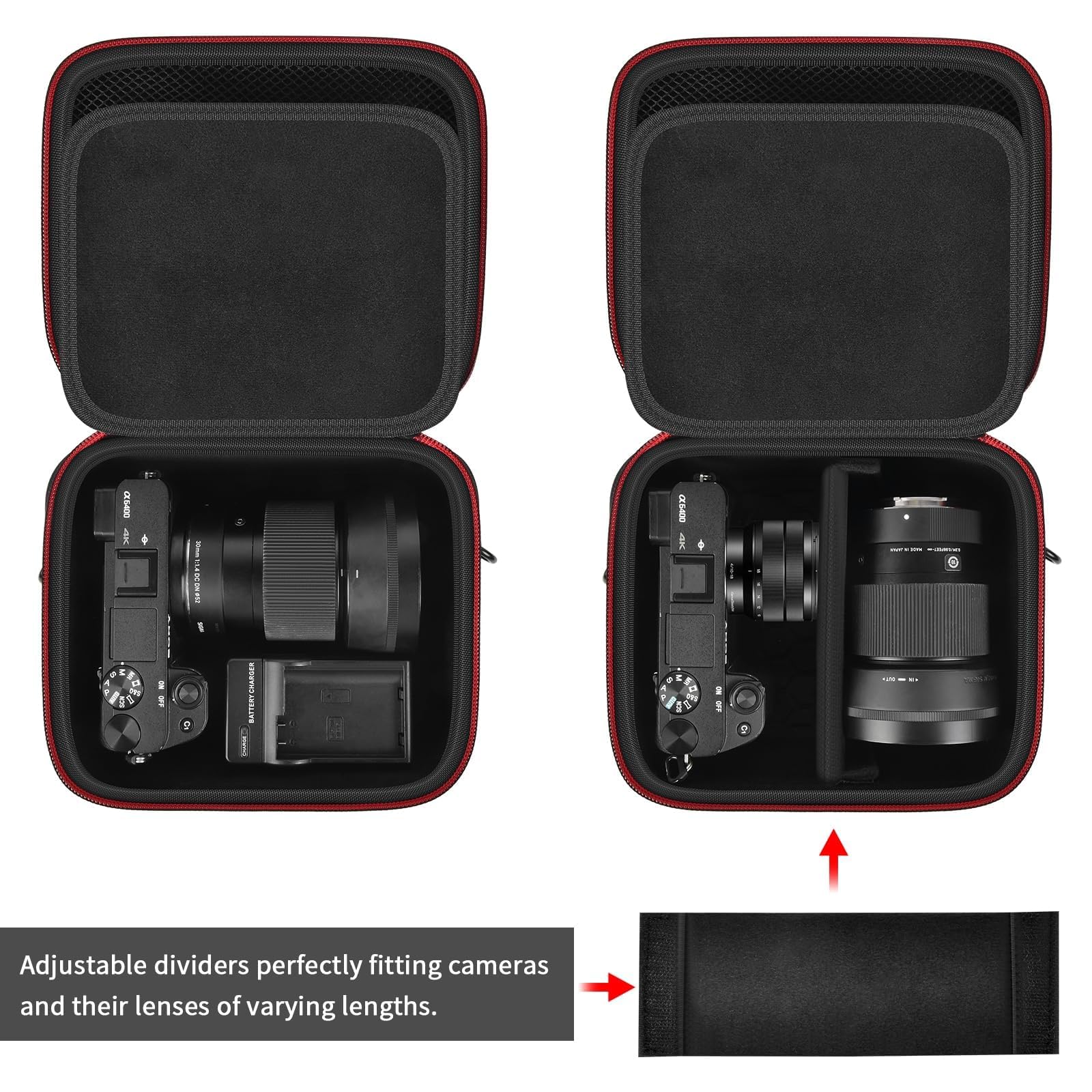 casmilee Custodia per fotocamera digitale mirrorless Sony Alpha ZV-E10 Alpha a6400/ a6700/ a6100/ a6000/ a6600/ a6500, borsa da viaggio rigida con tracolla per obiettivi e accessori (nero, M)