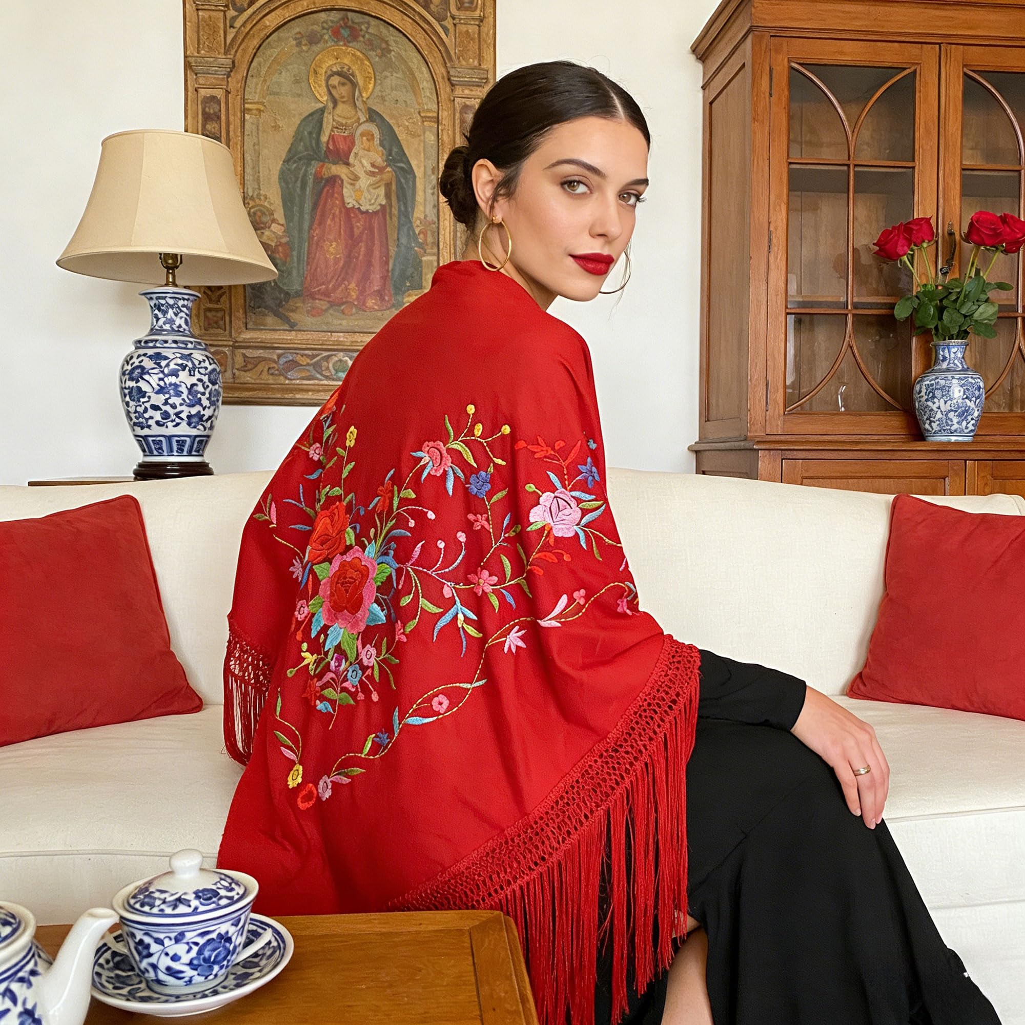 Wildarms Mantón de Sevillana Bordado con Flecos para Flamenco Feria Disfraz Baile Tradicional Mujer