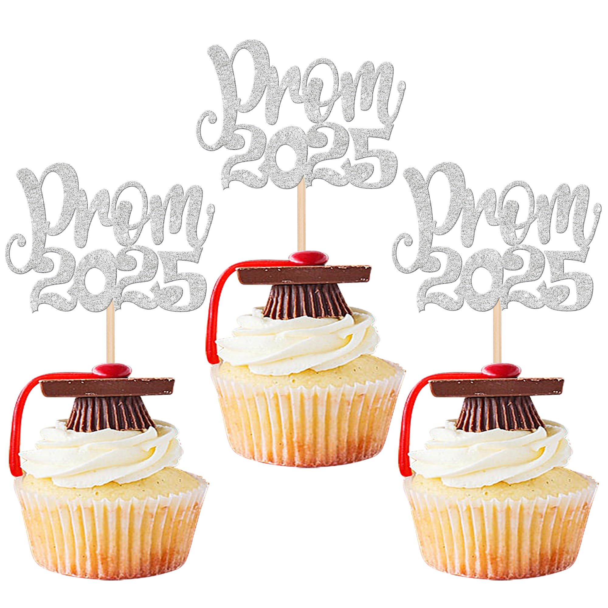 ZHUOWEISM 36 PCS Prom & Graduation Cupcake Toppers - Silver Glitter - 2.4x4.5 Inch - Class of 2025
