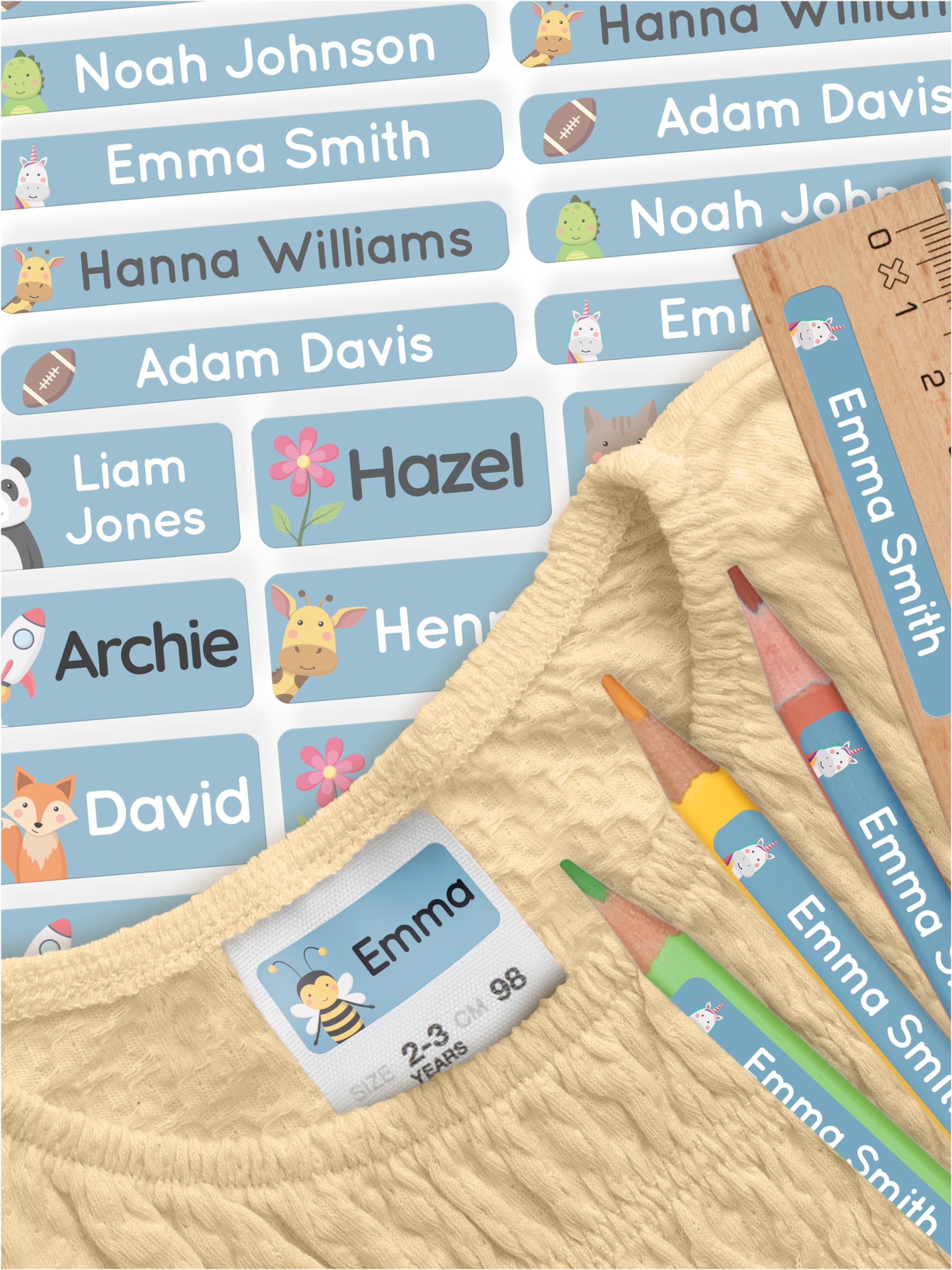 melu kids® Name Labels Set for Clothes & Items (165, Aqua), Personalised and Washable Kids Name Stickers, Stick on Tags for School Supplies/Uniform
