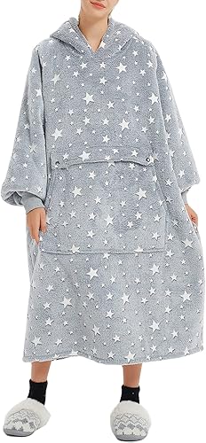 KFUBUO Manta con capucha que brilla en la oscuridad para adultos, larga sherpa, todos los patrones, sudadera de gran tamaño con bolsillos, regalos