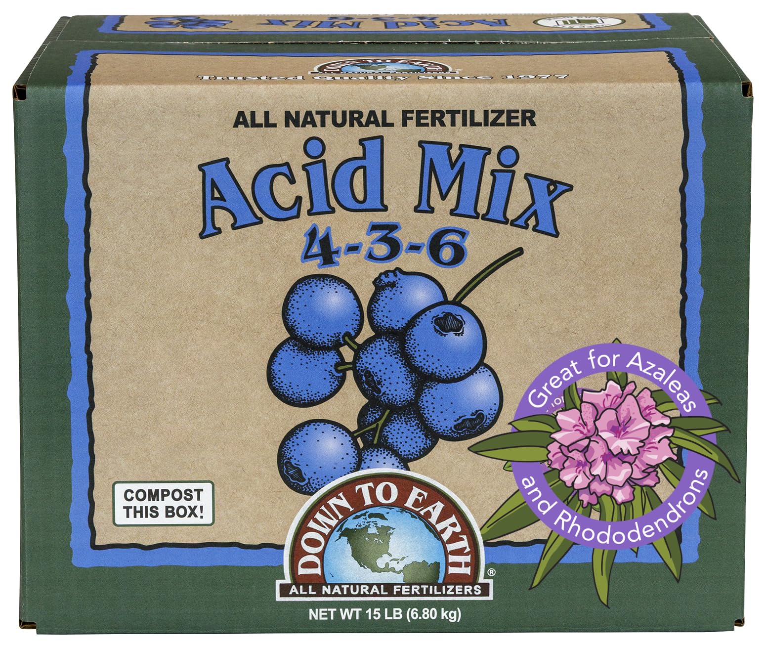 Down To Earth All Natural Fertilizers Organic Acid Mix - Plant Food for Blueberries, Raspberries, Azaleas and Rhododendrons 4-3-6, 15 lb