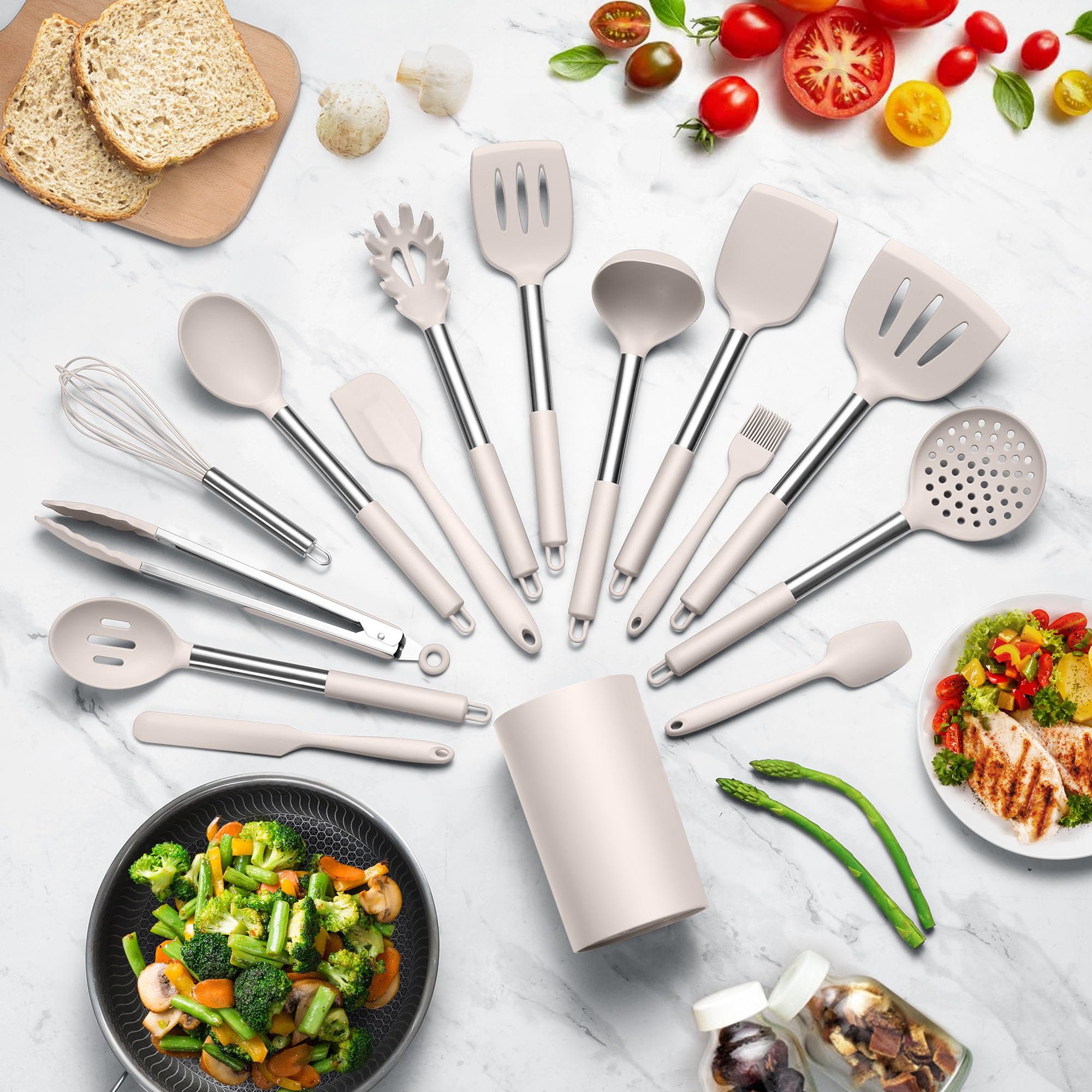 LIANYU Juego de 15 utensilios de cocina con soporte, herramientas de cocina de silicona con mango de acero inoxidable, dispositivos resistentes al calor, espátula, cuchara y batidor para utensilios de
