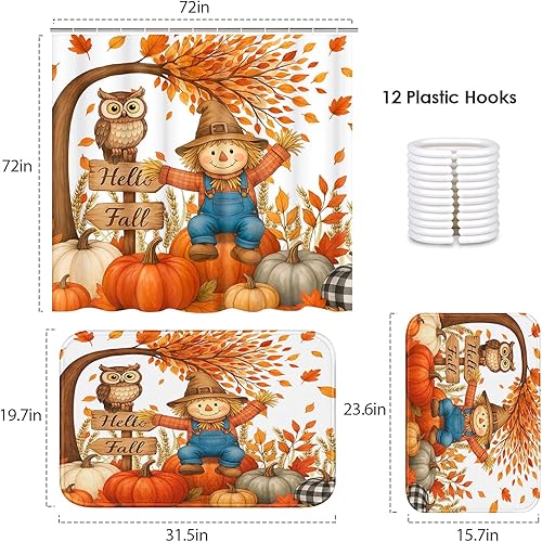 Miniatura 9 de Juego de baño de calabazas de otoño con cortina de ducha y alfombras y accesorios, juego de cortinas de ducha de hojas de otoño para Acción de