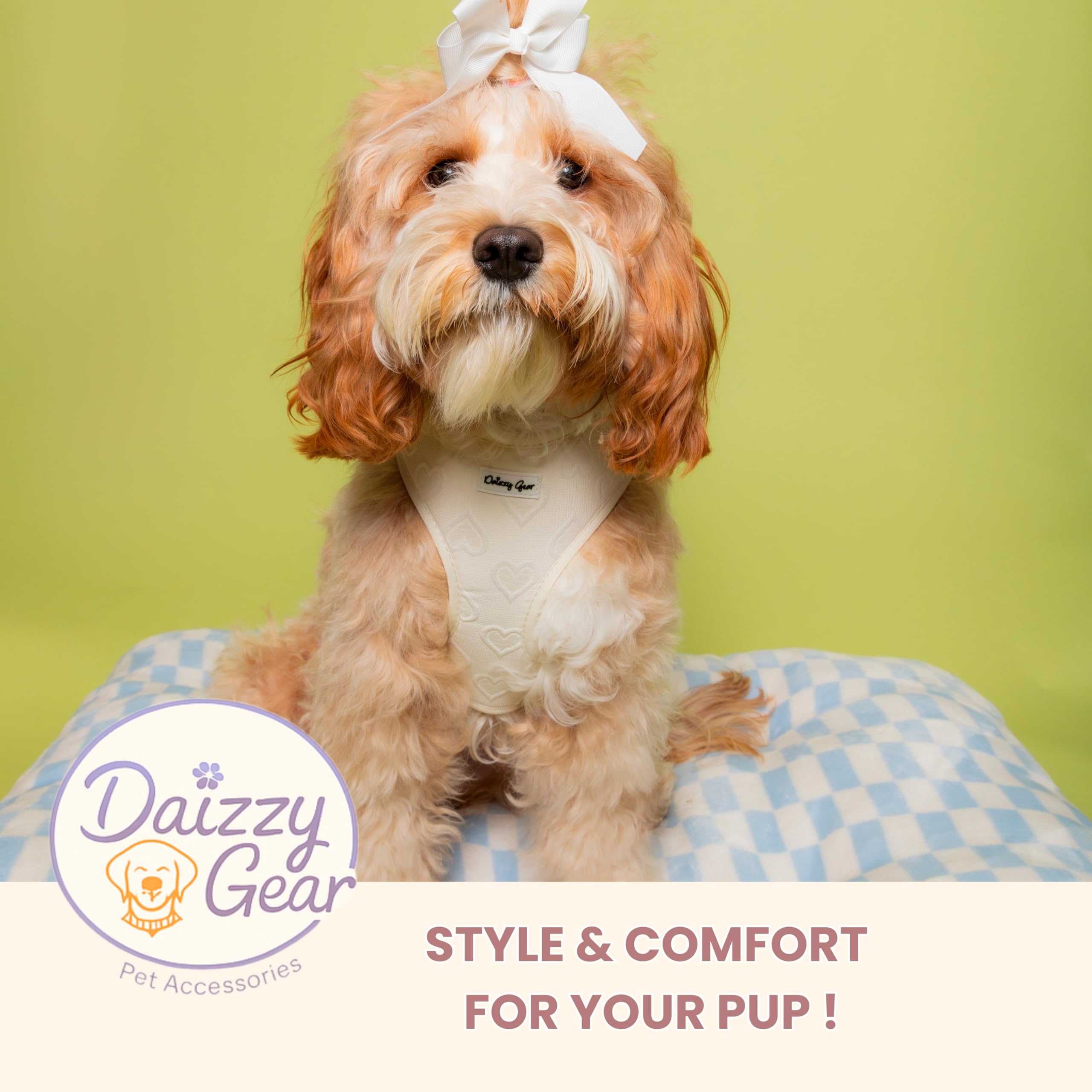 Daizzy Gear Medium Dog Harness Set – No Pull Harness with Matching Leash, Collar, Bandana, Sailor Bow & Poop Bag Holder – Pastel Cream with Heart Embroidery – Adjustable, Soft, Aesthetic Outfit