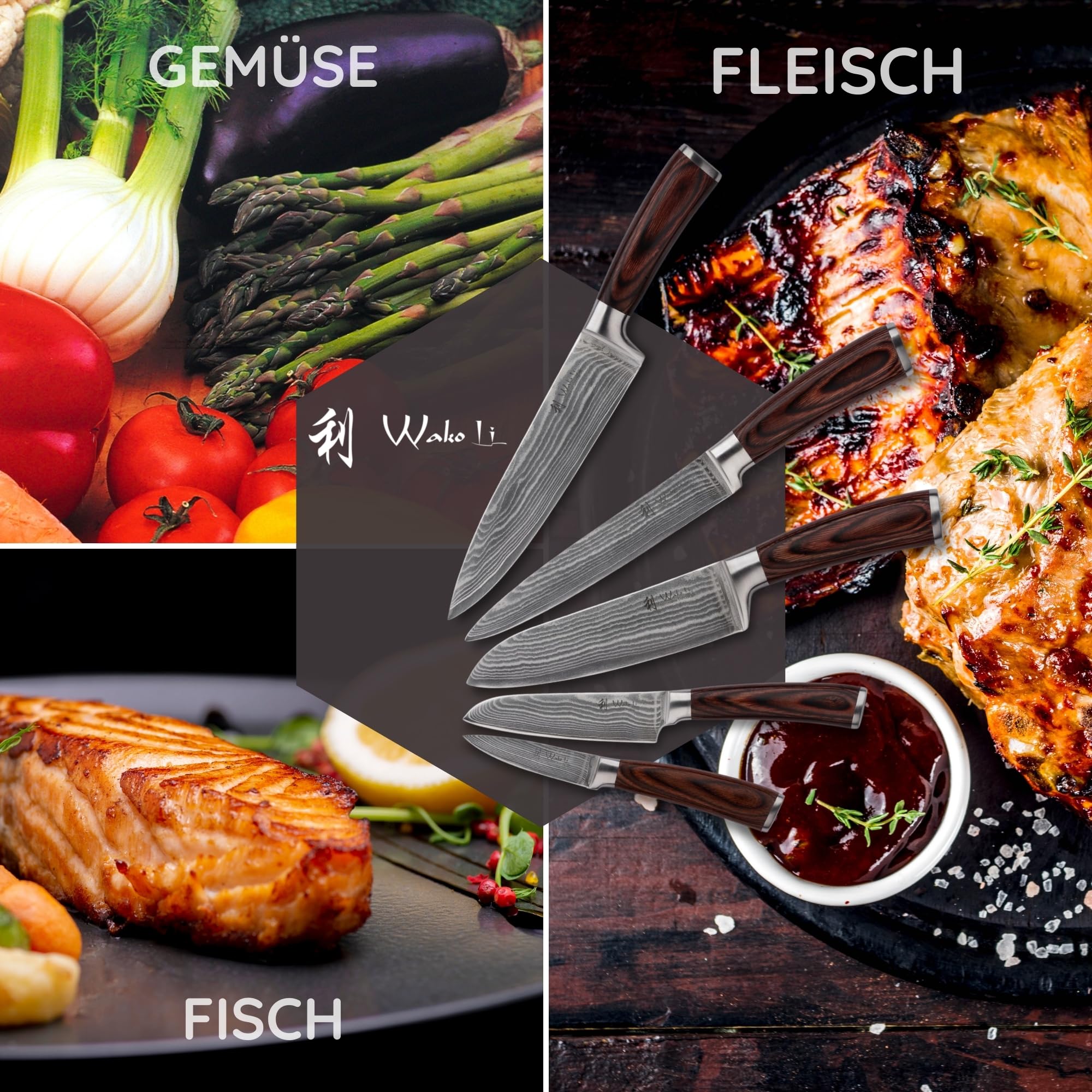 Wakoli EDIB Damastmesser Set (5-teilig) Küchenmesser Set aus 67 Lagen Damaststahl mit VG10-Kern, Pakkaholzgriffen, extrem scharfe Kochmesser, Chefmesser, Santoku, Fleischmesser, Gemüsemesser - Holzbox