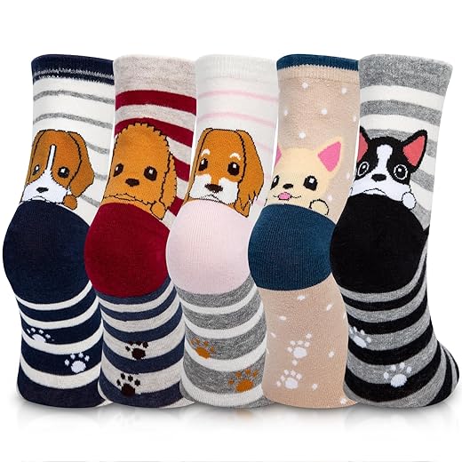 YSense 5 Pairs Cute Animal Socks for Women, Novelty Fun Crew Cotton Cat Dog Socks Stocking Stuffers Gifts for Women