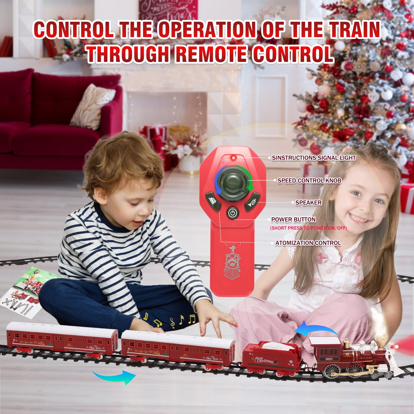 Christmas Train Set, Train Toy with Remote Control, Toy Train Set Under The Christmas Tree with Sounds, Lights and Smoke, Christmas Toy Gift for Toddler 3 4 5 6 7 8 Years