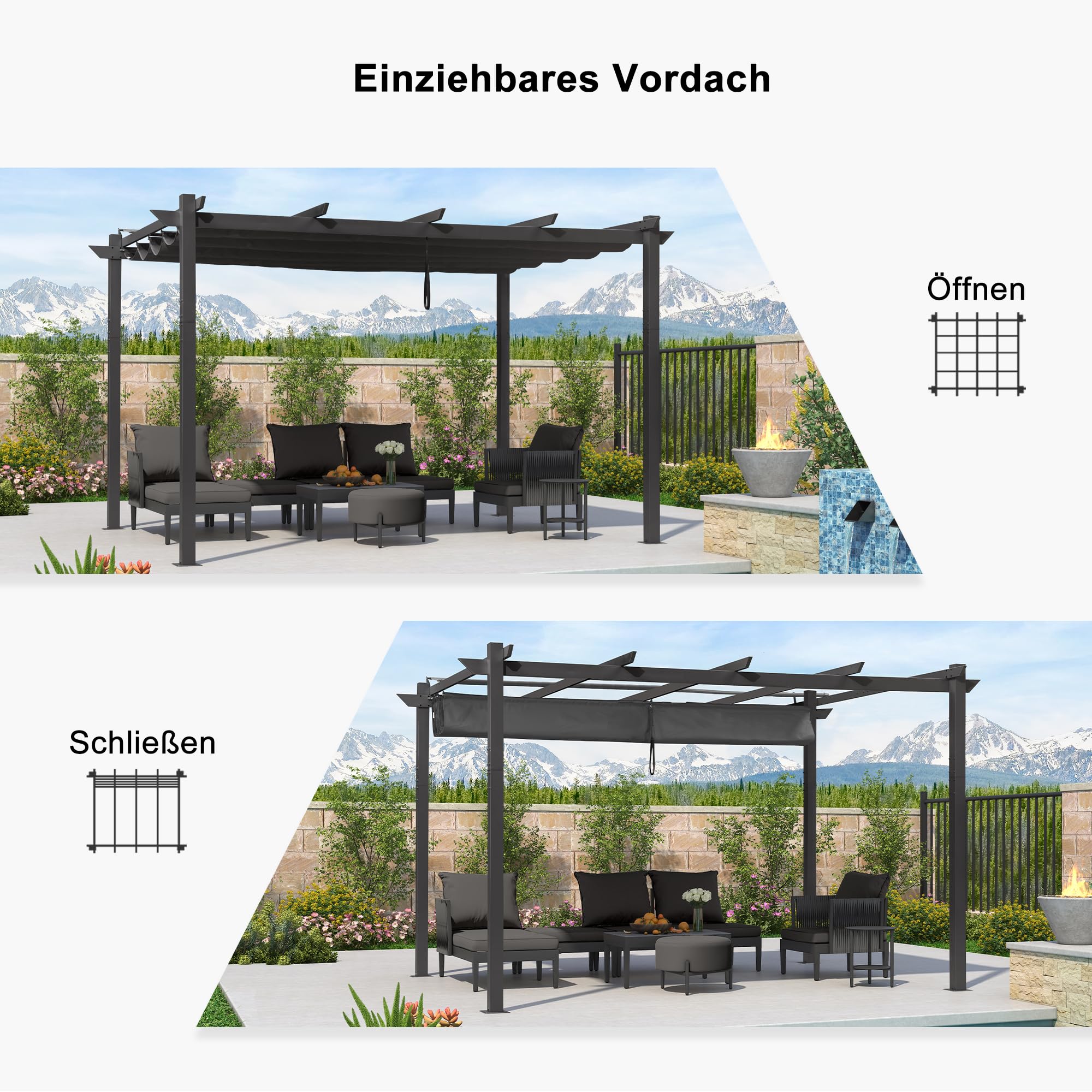 PURPLE LEAF Garten Pergola 3 x 4 m, Pavillon Aluminium Wasserdicht Sonnendach mit Schiebedach, Terrasse Pergola mit Markisenschutz, UV Beschattung, Grau