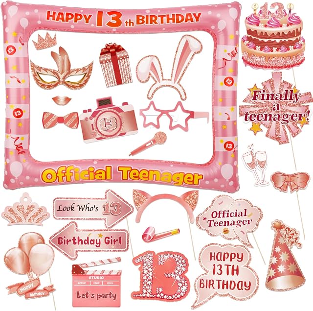 13th Birthday Photo Booth Frame Gold Rose Birthday Selfie Frame with 24pcs 13th Birthday Photo Booth Props for Girls Inflatable Selfie Frame Official Teenager Decorations (13th)