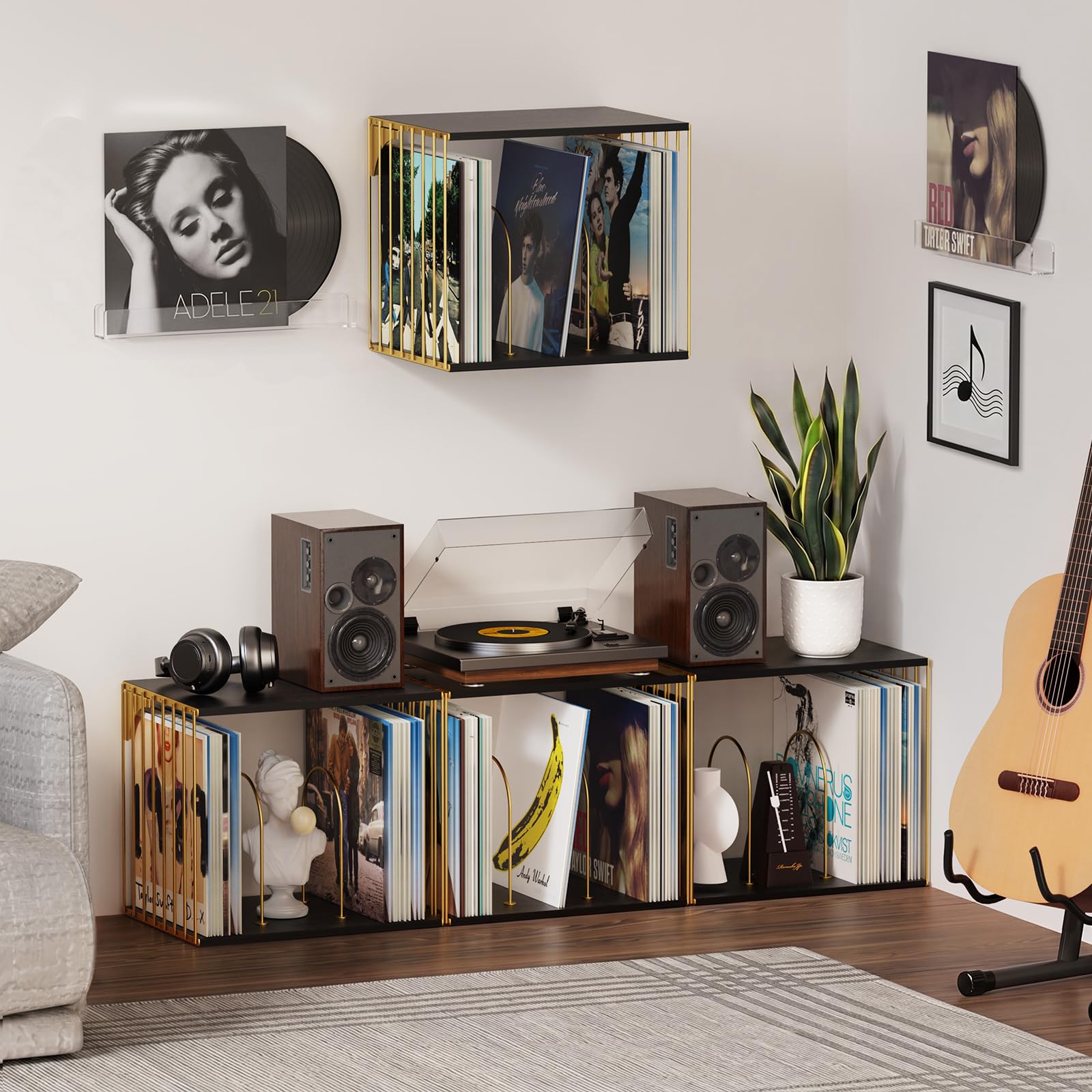 kroucoco Supporto per dischi in vinile da parete, a 3 scomparti, in metallo e legno, per album, file, CD, riviste, può contenere fino a 80 dischi (oro e nero)
