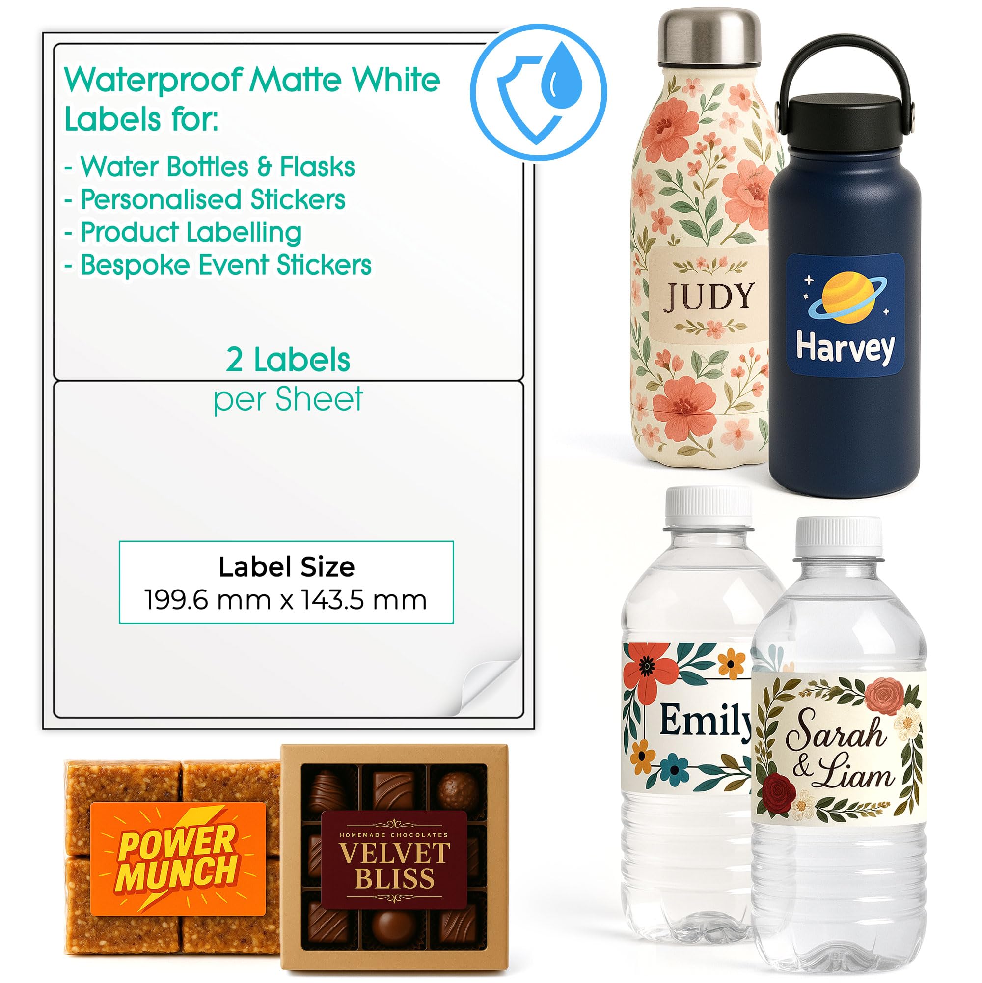 20 Waterproof Printable Labels for Water Bottles (Matte White, 1 x 2 (2 per Sheet)) – Custom Design Stickers for Small Business – Multiple Sizes Self Adhesive A4 Sheets – Inkjet & Laser Printable