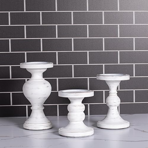 Miniatura 6 de BIRDROCK HOME Juego de portavelas de pilar, candelabros decorativos de madera para centro de mesa, repisa y comedor, juego de velas altas hechas a