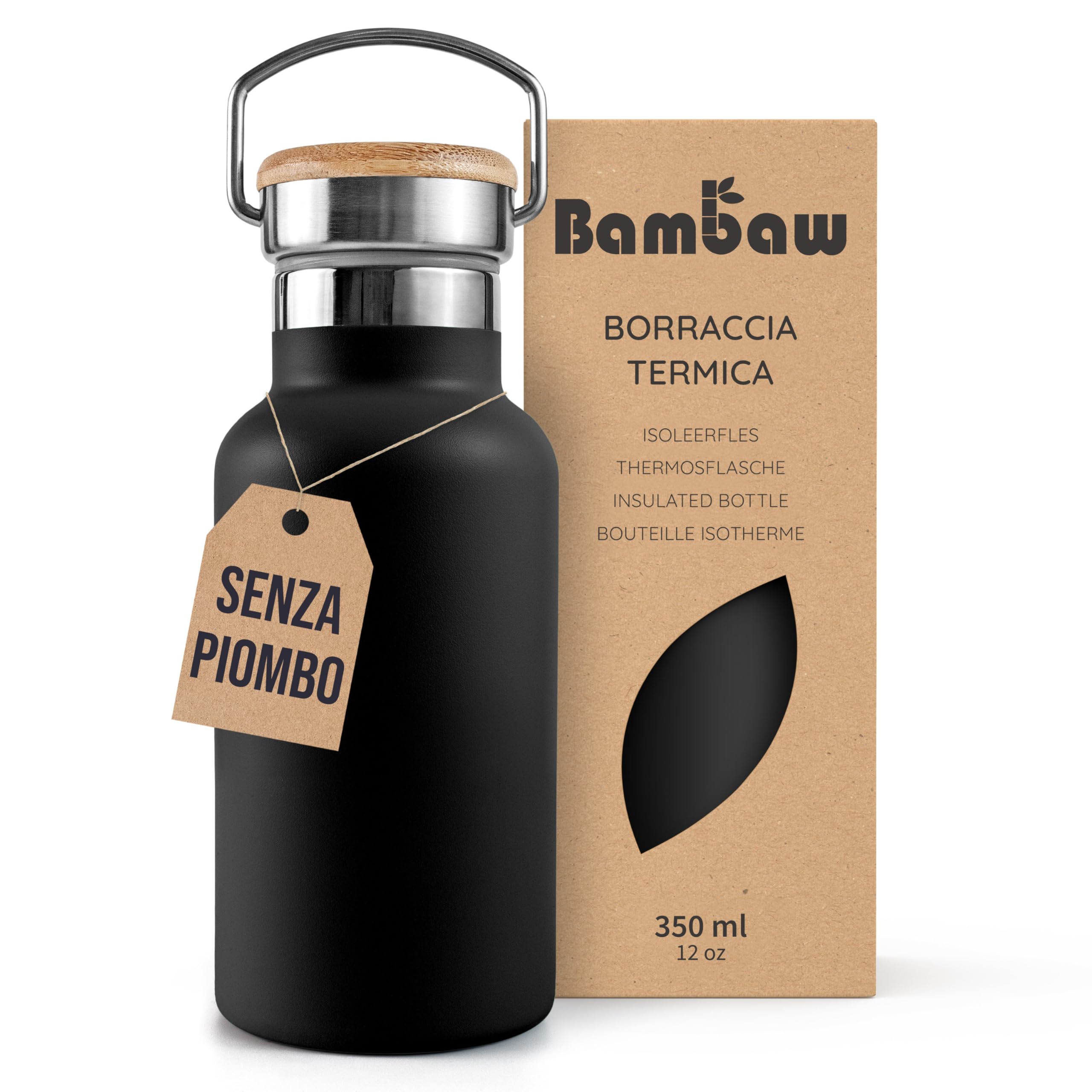Bambaw Borraccia Termica 350 Ml, Nera, Acciaio Inox, Imboccatura Larga, A Prova Di Perdite, Borsa Per Acqua Fredda E Calda-image