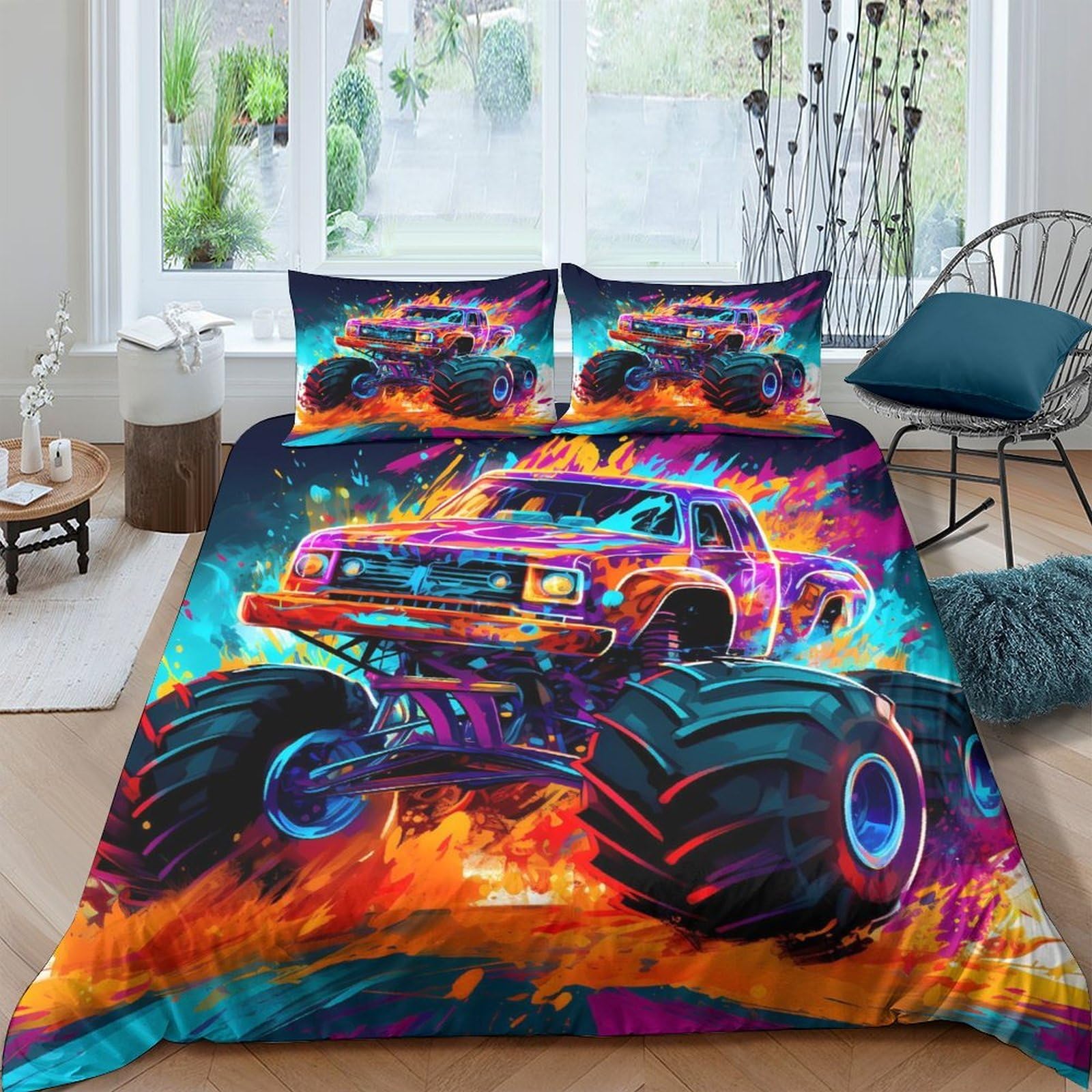 Ctjqhvkz Style-6 3D Printed Fire Monster Truck Fitted Sheet Microfiber Soft Bed Cover For Bedroom Dorm Mattress Decor Protection Single（135X200cm）