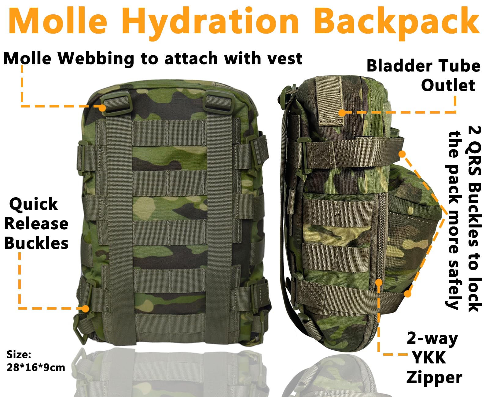 TWINFALCONS Sac à dos tactique Molle léger en nylon 500D pour poche d'hydratation de 2 l pour paintball, airsoft, randonnée, équitation, porte-plaque
