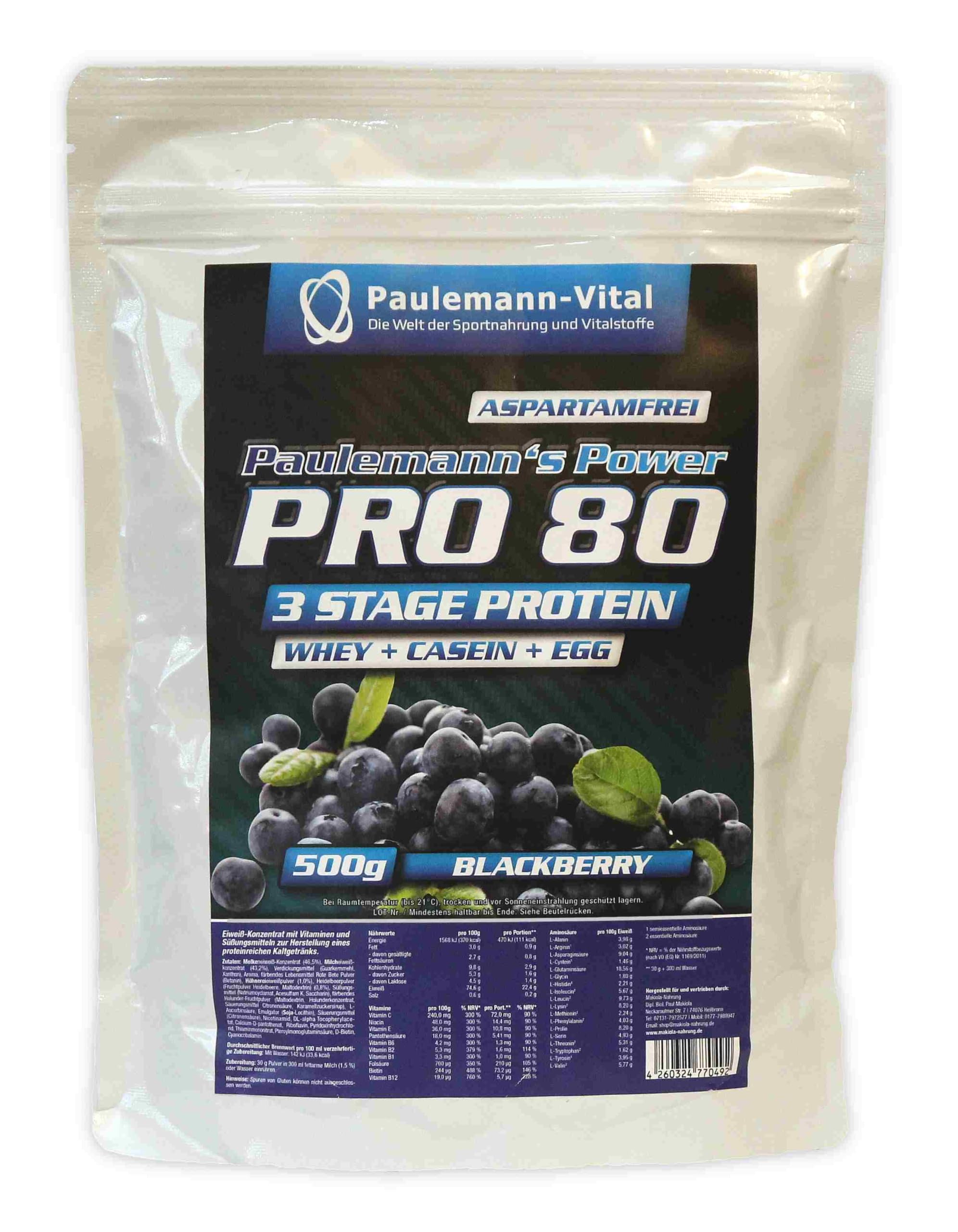 Pro 80 Paulemann-Vital 500 g Heidelbeere Whey Casein Egg