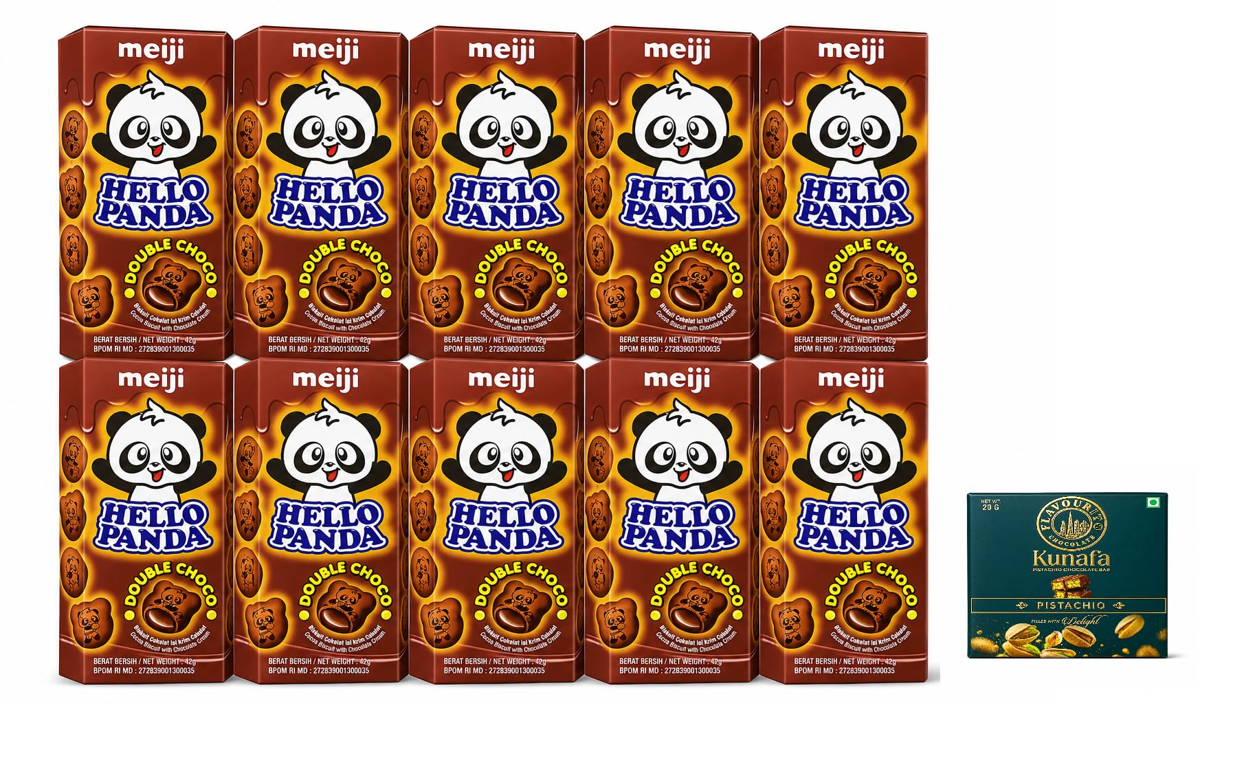 Hello Panda Double Choco Chocolate Cream Filled Biscuits, 42g Each | 420g Total | Crispy Cocoa Biscuits with Smooth Cream Filling | Pack of 10,Get Free Flavourito Kunafa Pistachio Chocolate Bar, 20g By Decadent Foods,(Imported-INDONESIA)-image-9