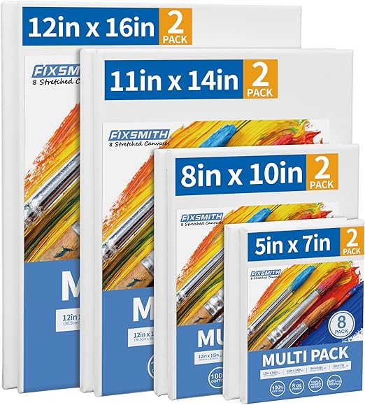 FIXSMITH Stretched Canvas, Multipack of 8, 5x7, 8x10, 11x14 & 12x16 Inches - 2 of Each, 100% Cotton, 8 oz Gesso-Primed, Art Supplies for Acrylic and Oil Painting.