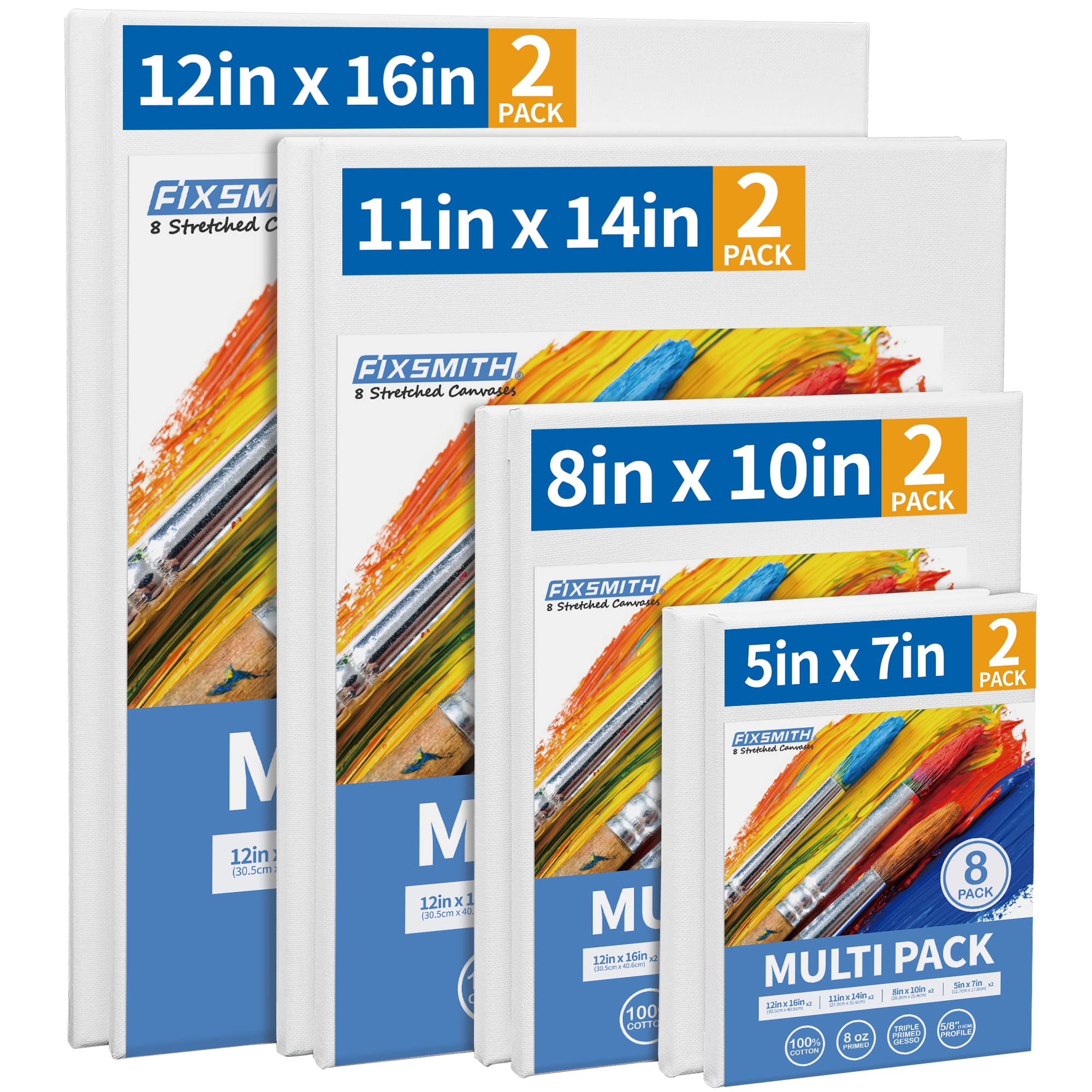 FIXSMITH Stretched Canvas, Multipack of 8, 5x7, 8x10, 11x14 &amp; 12x16 Inches