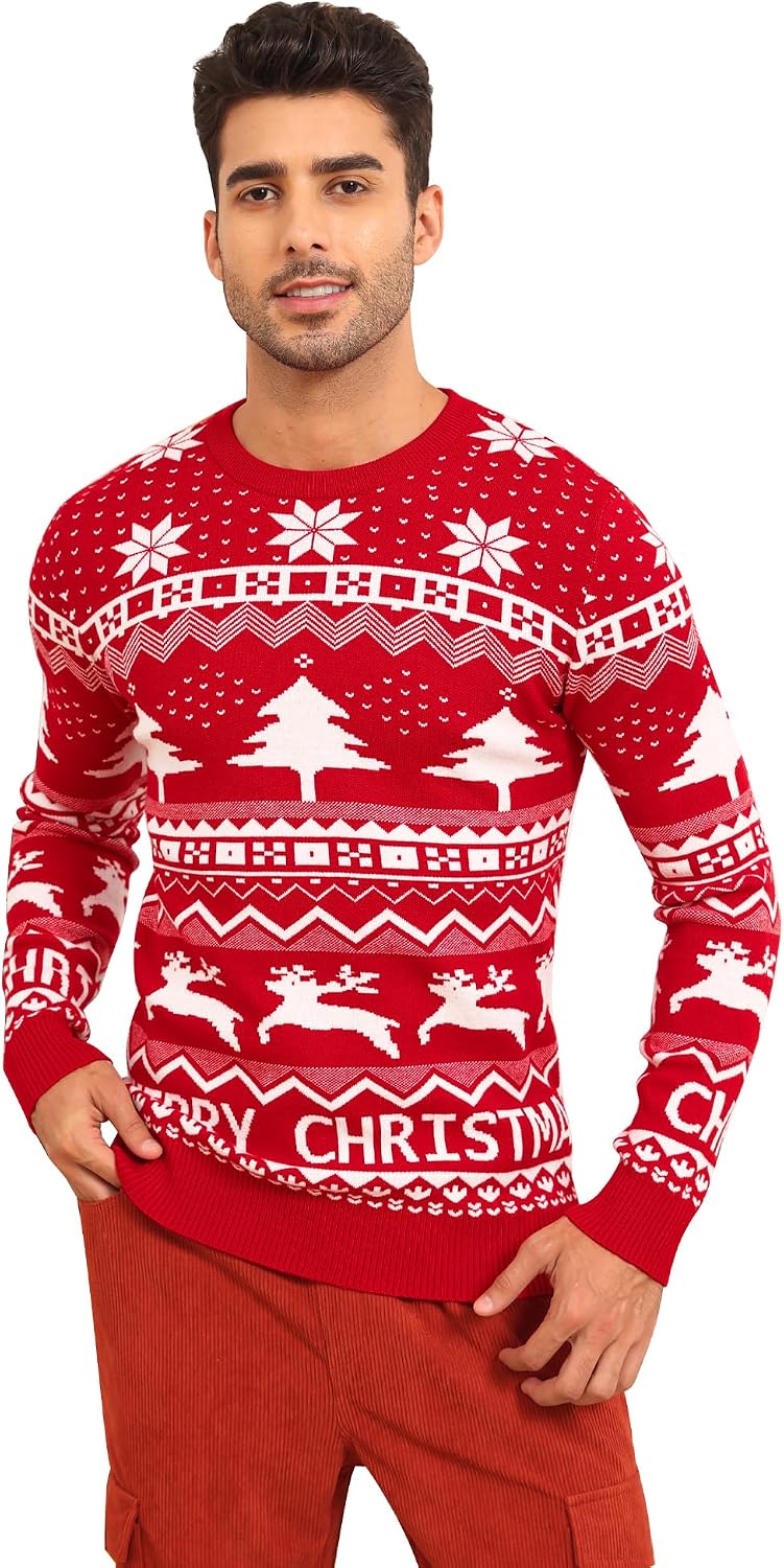 LecGee Christmas Sweater Couple Roundneck Reindeer Snowflakes Ugly Long Sleeve Knitted Sweater Pullover Slim Fit Men Women