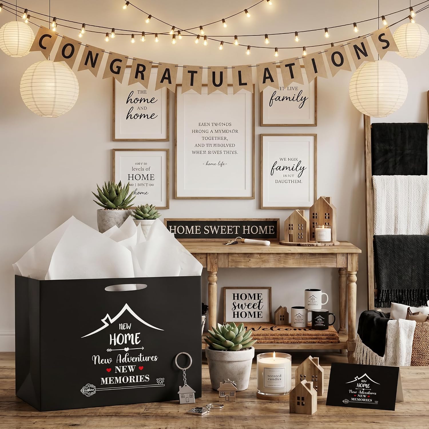 Hkshaoda Housewarming Gift Bag with Tissue Paper & Card, New Home Gift Bag Set with new HOME New Adventures NEW MEMORIES Design for Homeowners Party Favor image 5