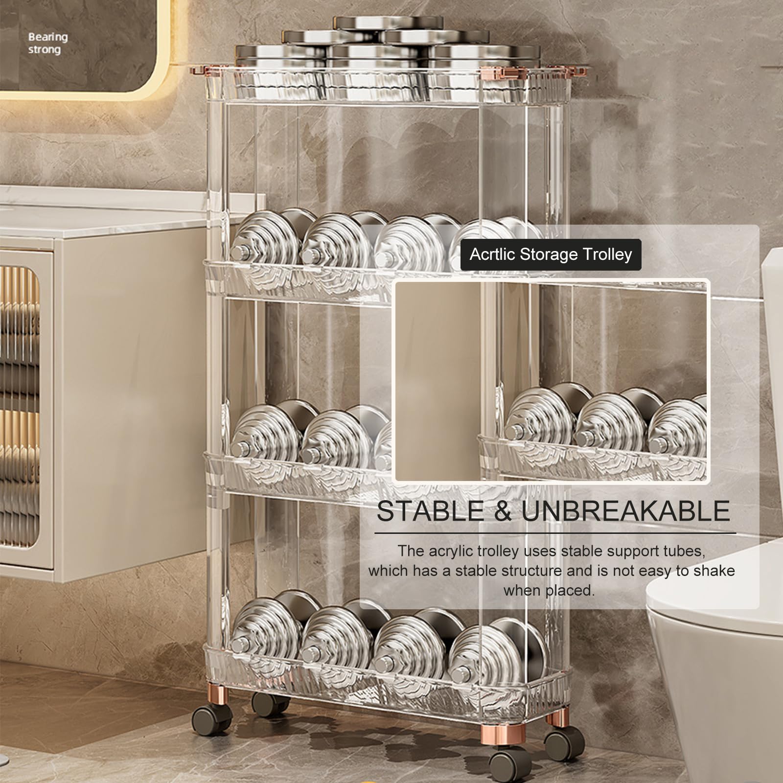 Carrito Multifuncional de acrílico con Ruedas, Carrito utilitario Delgado de 3 Niveles con Ruedas bloqueables para baño, Cocina y lavandería - Solución de Almacenamiento ecológica