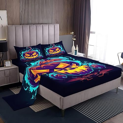 Miniatura 161 de Sábanas de Halloween tamaño individual – Juego de sábanas espeluznantes de calabaza murciélago para niños y niñas, juego de sábanas temáticas