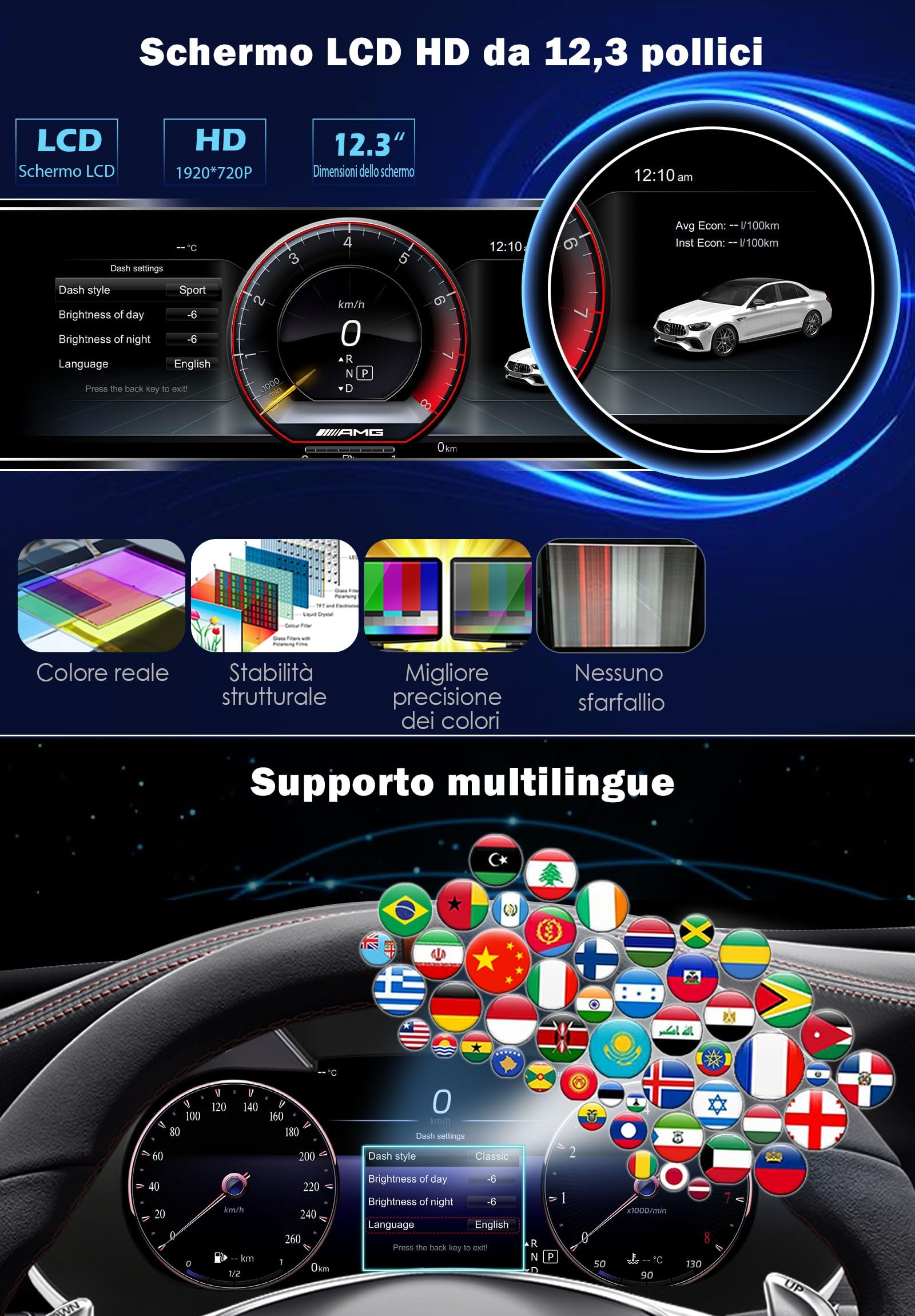 12,3" Quadro Strumenti Digitale per Mercedes Benz Classe A W176 Classe GLA X156 Classe CLA C117, Cruscotto Display LCD, Indicatore Tachimetro Supporta TPMS, Temperatura Olio, Pulsanti al Volante