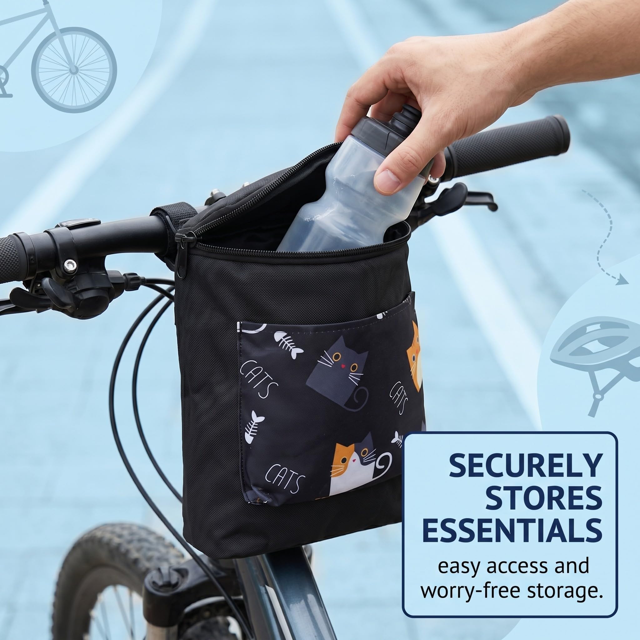 1 Borsa Portaoggetti da Manubrio con Motivo Gatto Nero, Cestino Bicicletta Anteriore in Oxford 24x28x10 cm, Copertura Lampo, per Bici e Scooter – cestino bicicletta anteriore