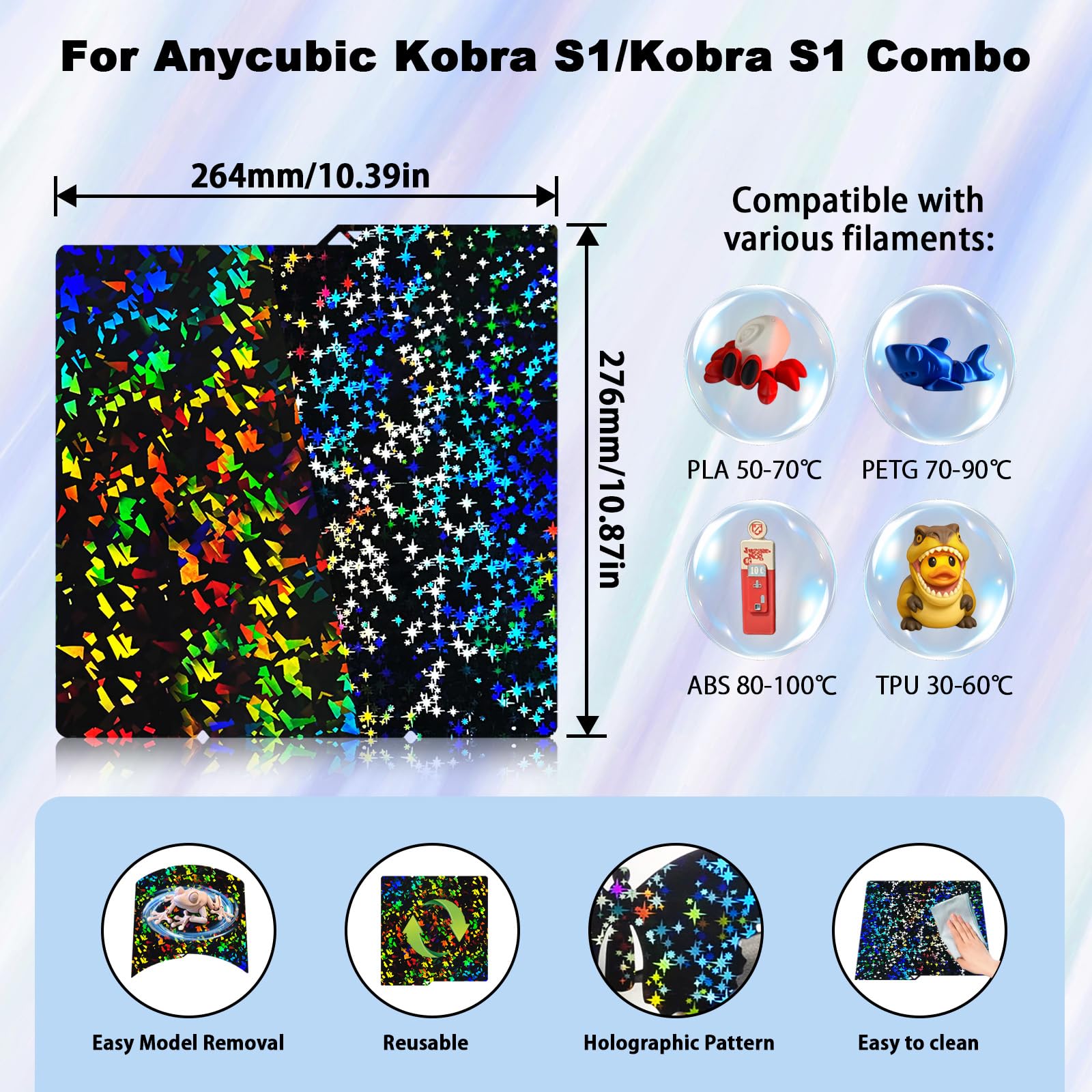 IdeaFormer Nastro arcobaleno+fiocco di neve stelle PEF piastra di pressione 264x276mm, piastra di costruzione PEF in acciaio per molle senza letto di stampa magnetica per stampante 3D Anycubic Kobra