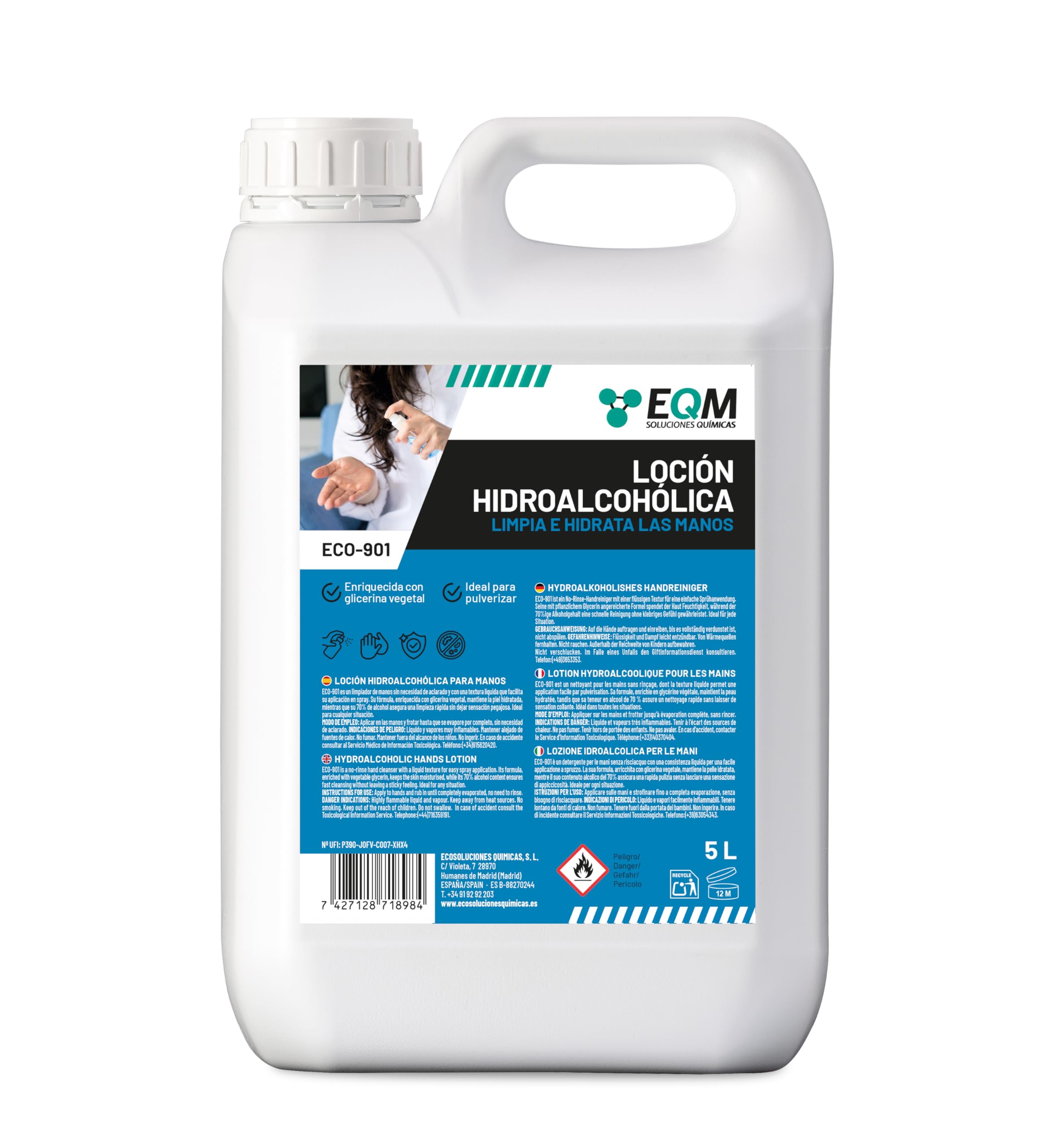 EQM - ECO-901 - Loción Hidroalcohólica para Manos - 5L - Eficacia Certificada por Laboratorio - Limpieza e Hidratación Profunda - Fórmula con Alto Contenido en Glicerina