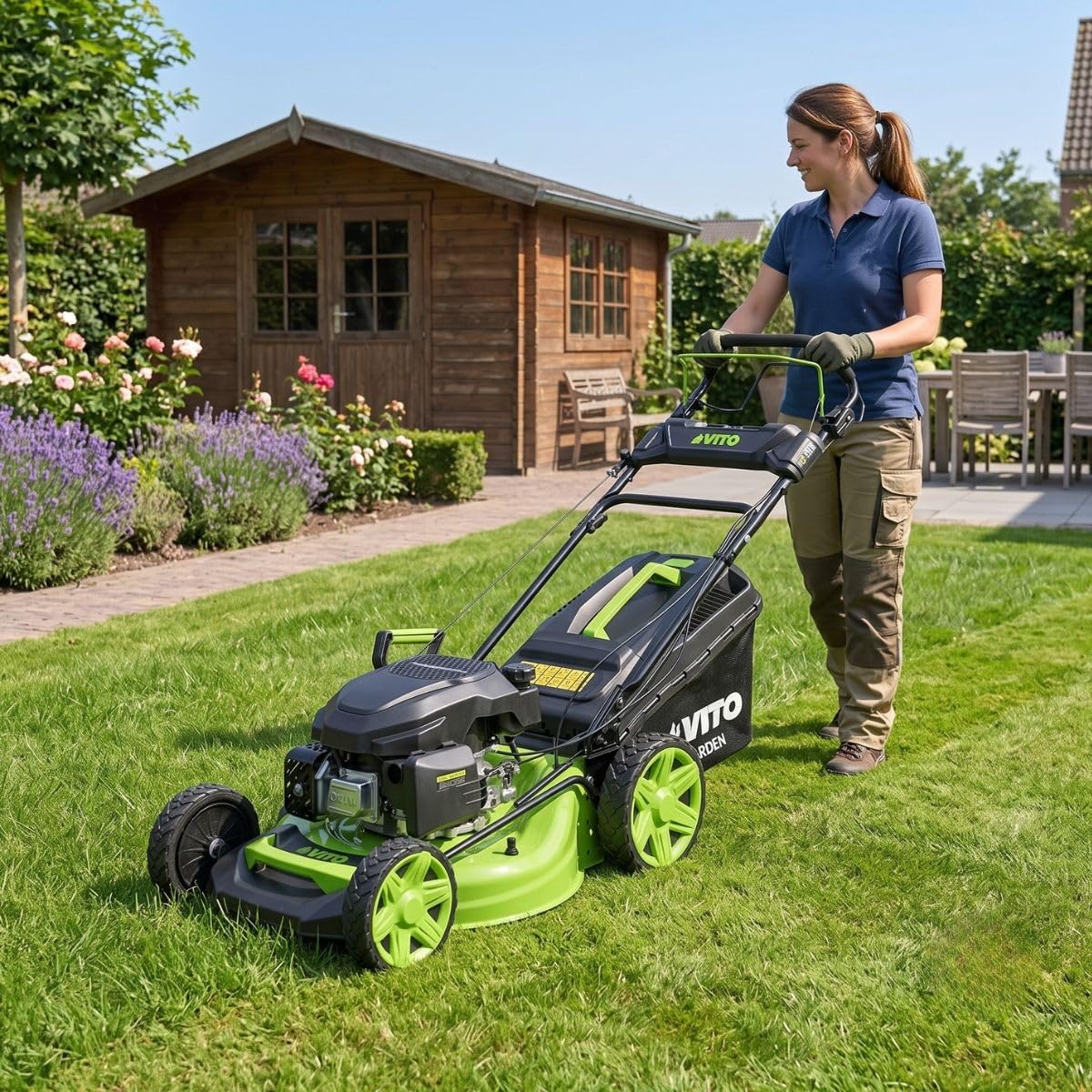 VITO - Cortacésped térmico gasolina 4,5 CV 144 cc corte 46 cm bandeja 60 L Mulching 7 alturas 25 a 75 mm