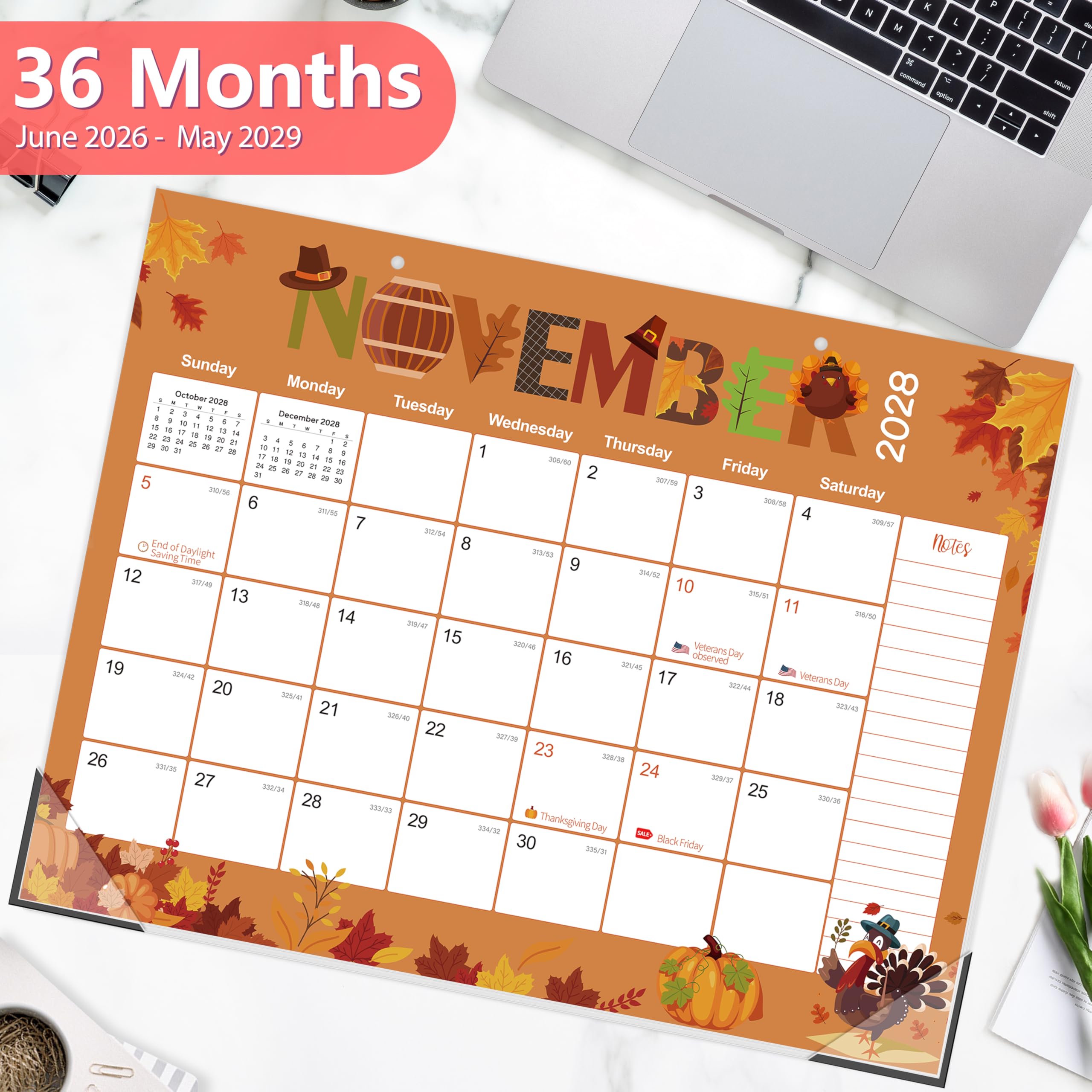 GuassLee Calendario de escritorio 2026-2028, 36 meses, 22 x 17 pulgadas, calendario grande de enero de 2026 a diciembre de 2028, planificador mensual de escritorio/pared con fecha juliana y papel