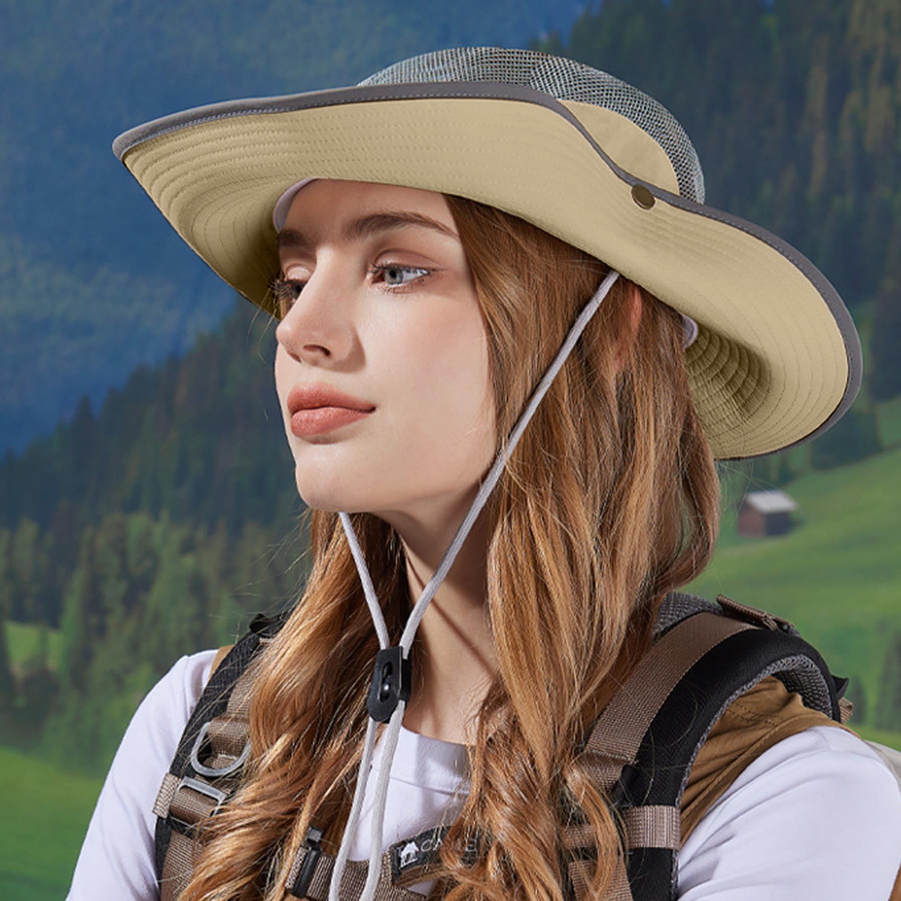 Feng Shui， Sombrero de Sol de ala Ancha para Mujer – Protección UV al Aire Libre Pesca Senderismo – Sombrero de Cubo Transpirable Impermeable de Secado rápido para Viajes de Verano
