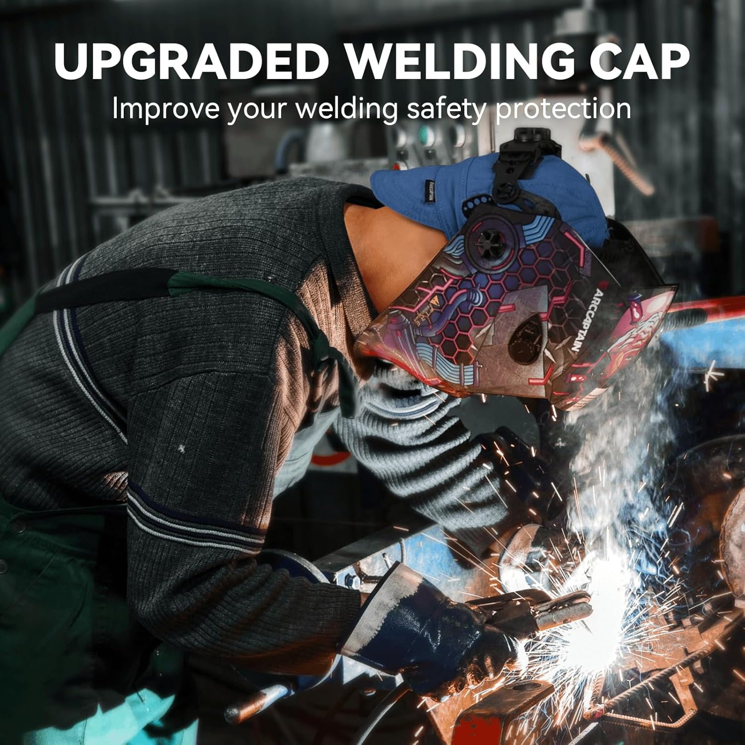 ARCCAPTAIN Reversible Welding Cap with Elastic Retractable Band, 8 Panel Protective Welders Cap, 10 oz Fireproof Cotton Comforts for Safety and Protection While Welding to Men Women, 7 1/8, Blue
