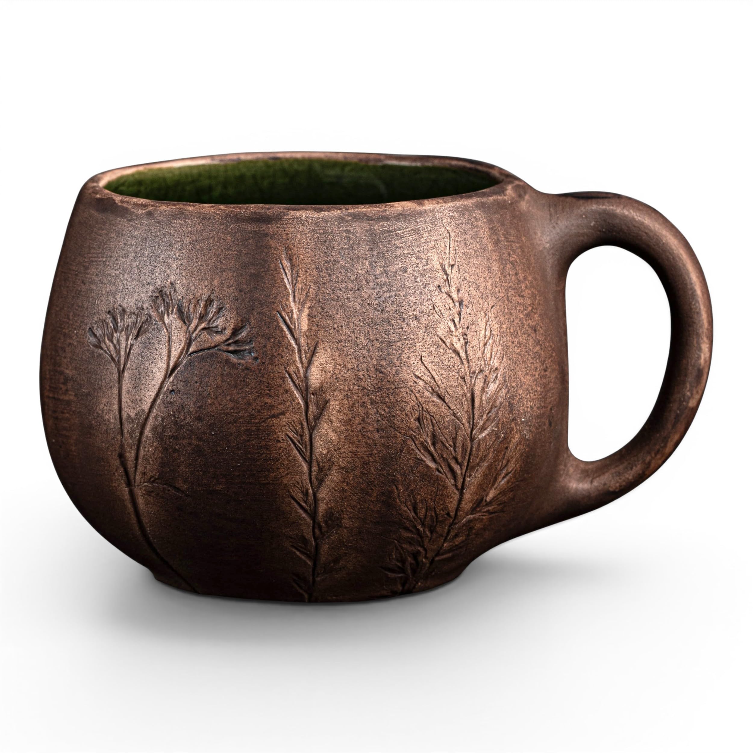 GORDUCH Handmade Ceramic Coffee Mug 350ml, Rustic Pottery Cup with Botanical Wild Herbs Imprint Artisan Milk-Fired Clay Mug, Unique Tea Cup Gift for Him Her (Green Interior)