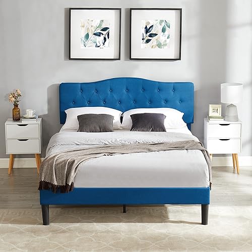 VECELO Base de cama Queen con plataforma tapizada con cabecera ajustable copetudabase de colchón, color beige miel