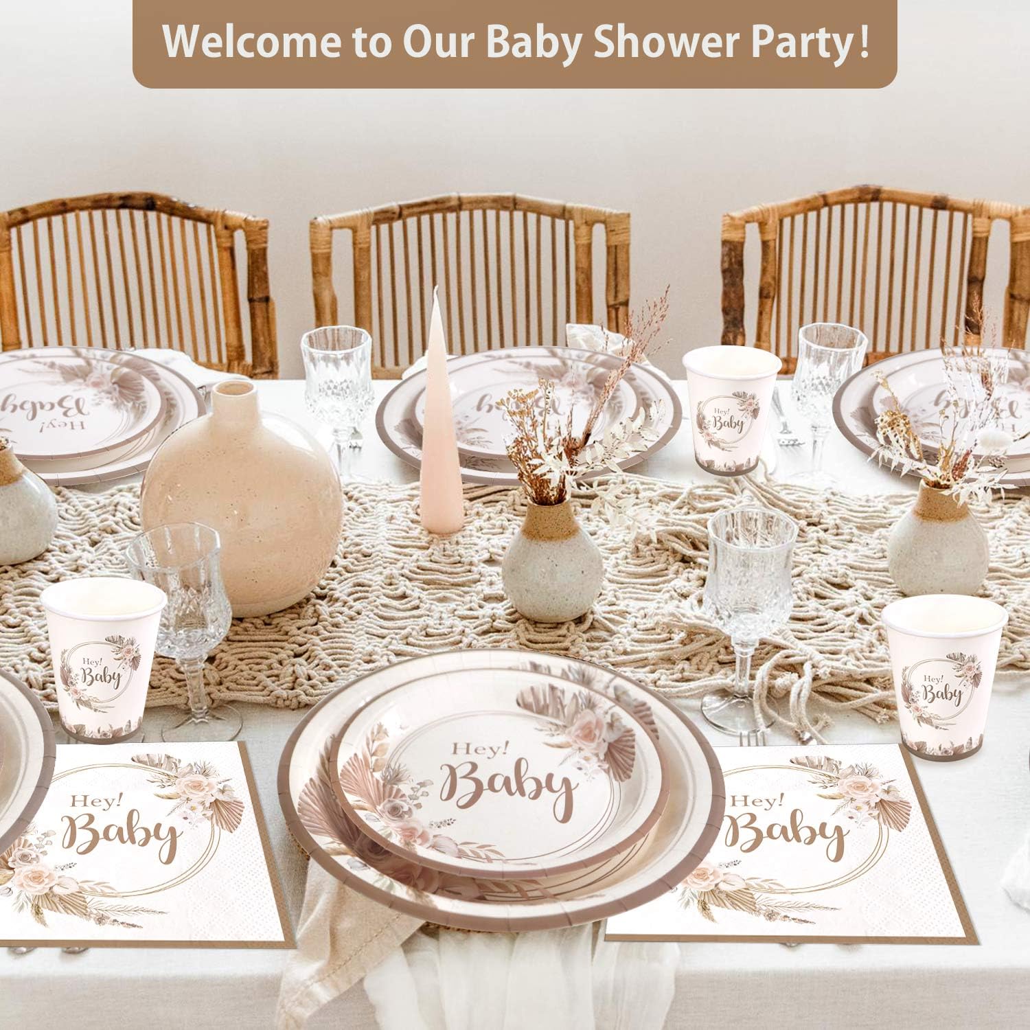 Heboland Kit Vaisselle Jetable Boho Baby Shower 125 Pièces - Pour 25 Invités - Assiettes, Serviettes, Gobelets - Thème Floral Pampas Herbe Hey Baby Réutilisable Décoration