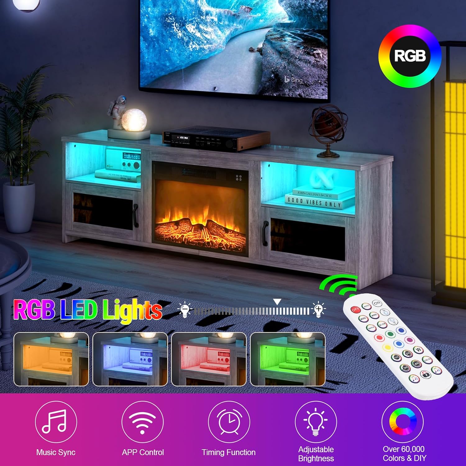 Livofloral Fireplace TV Stand for 75 Inch TV with LED Lights, Entertainment Center with 23" Electric Fireplace, Console Table with Open Storage Shelves & Cabinets for Living Room, Gray