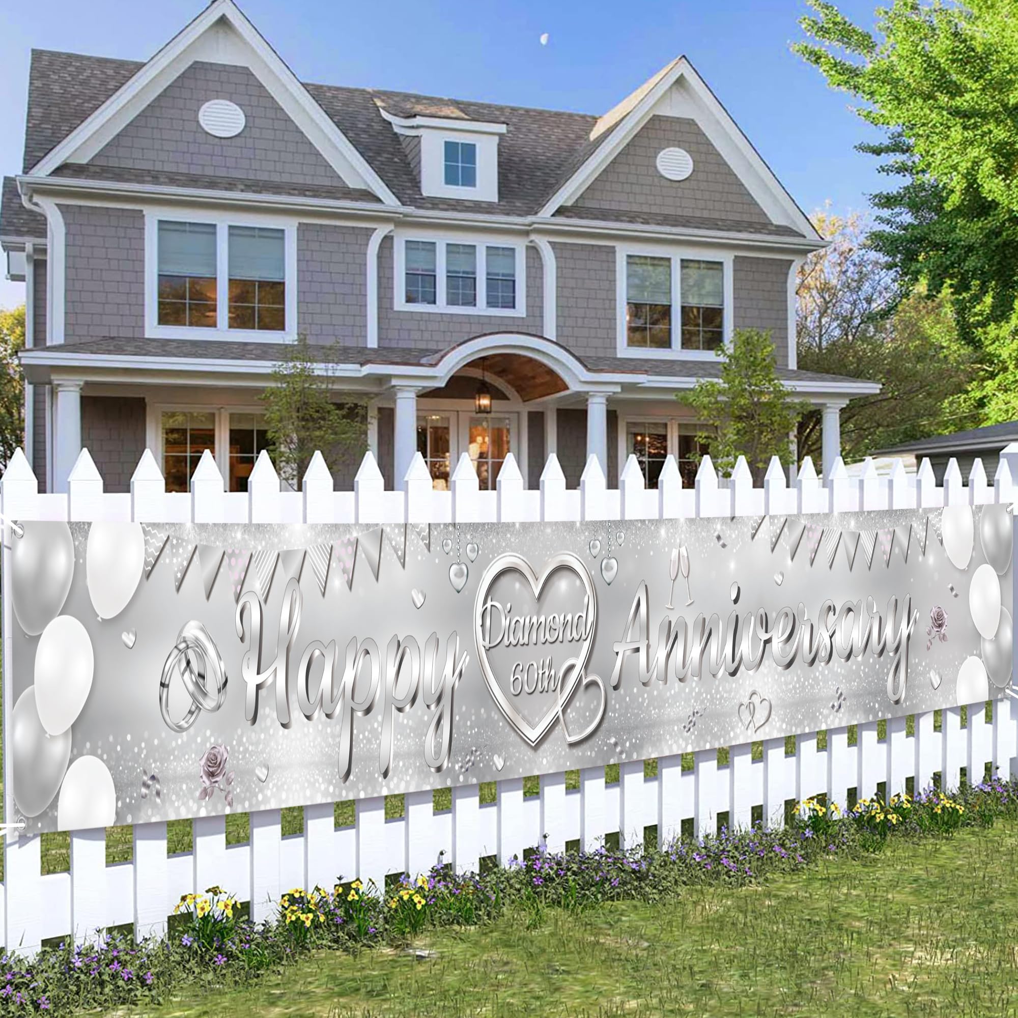 60th Wedding Anniversary Decorations Banner - Happy Diamond 60th Anniversary Yard Banners, Glitter Backdrop Party Supplies for Couples(37x274cm/14.5x107.8in)