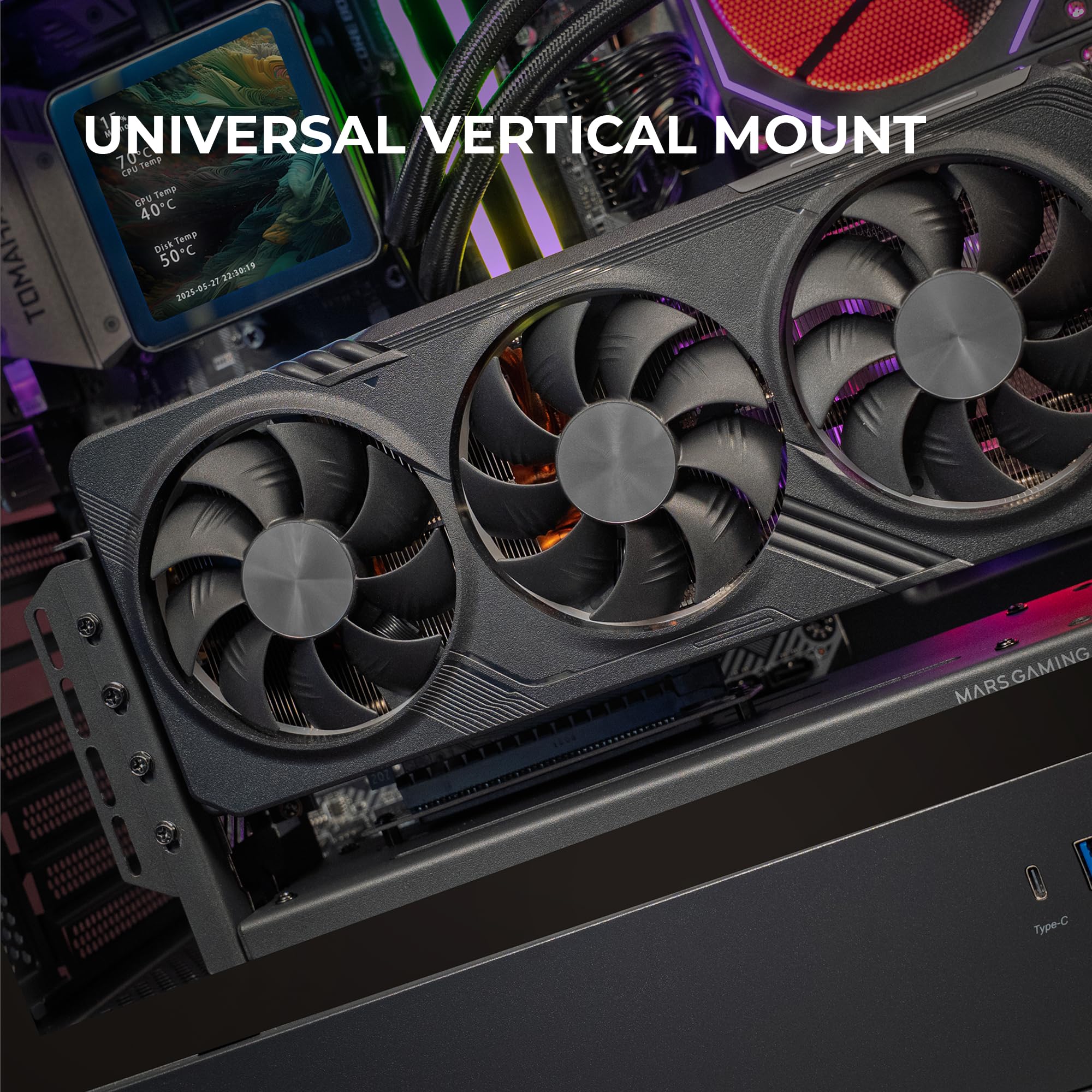 Mars Gaming MCA-GCV, Uniwersalny Pionowy Uchwyt GPU, Magnetyczna Antypoślizgowa Podstawa, Kompatybilny z Modelami do 3 Slotów, Wszechstronny Montaż GPU 2x Wsporniki PCI, Czarny