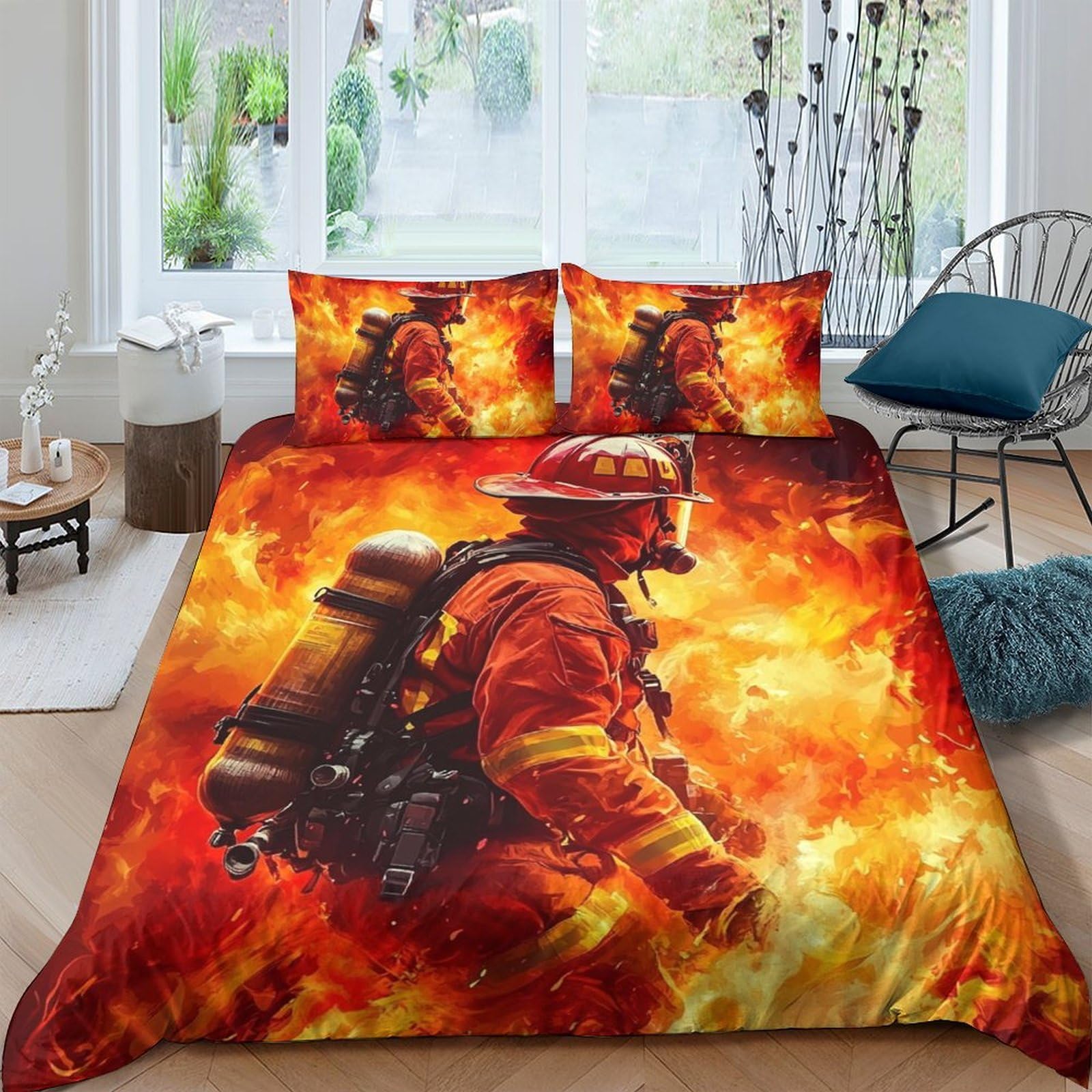 Ctjqhvkz Style-4 3D Printed Firefighter Flames Fitted Sheet Microfiber Soft Bed Sheet For Bedroom Guest Room Dorm Decor Single（135X200cm）