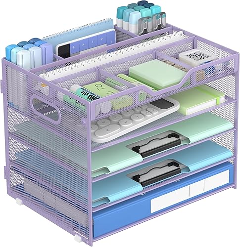 Miniatura 12 de Docnest Bandeja de papel de 3 niveles, organizador de escritorio de malla metálica con asa, soporte para bolígrafo integrado, almacenamiento de 3